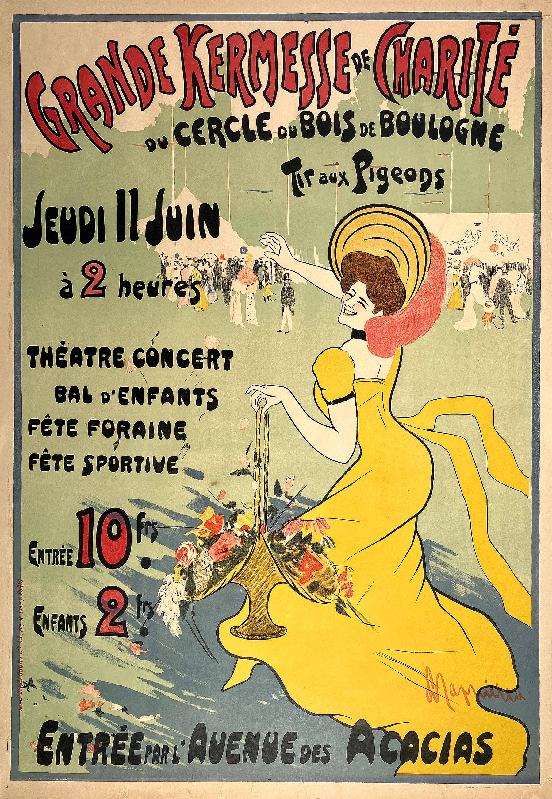 This bright and cheerful poster was created by famous poster artist, Leonetto Cappiello in 1903 for a fundraiser being held in Paris' Bois de Boulogne. One of his signature smiling ladies carries a basket of flowers and gestures towards all the fun