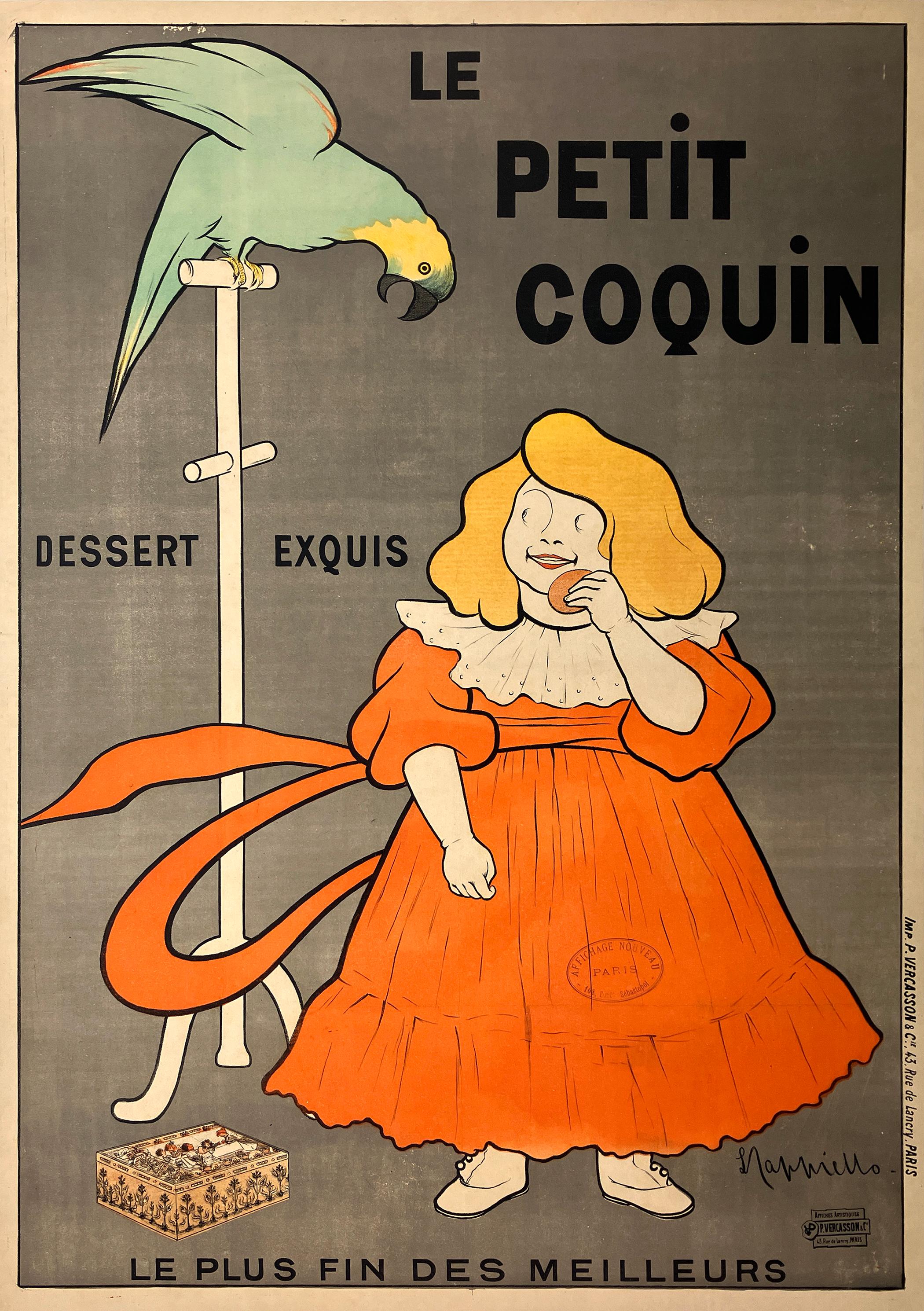 Este encantador diseño de Leonetto Cappiello (1875-1942) fue creado para promocionar Le Petit Coquin, anunciado como un "Postre Exquisito". El cartel muestra a una joven con un vestido rojo brillante, probando deliciosamente la golosina mientras un