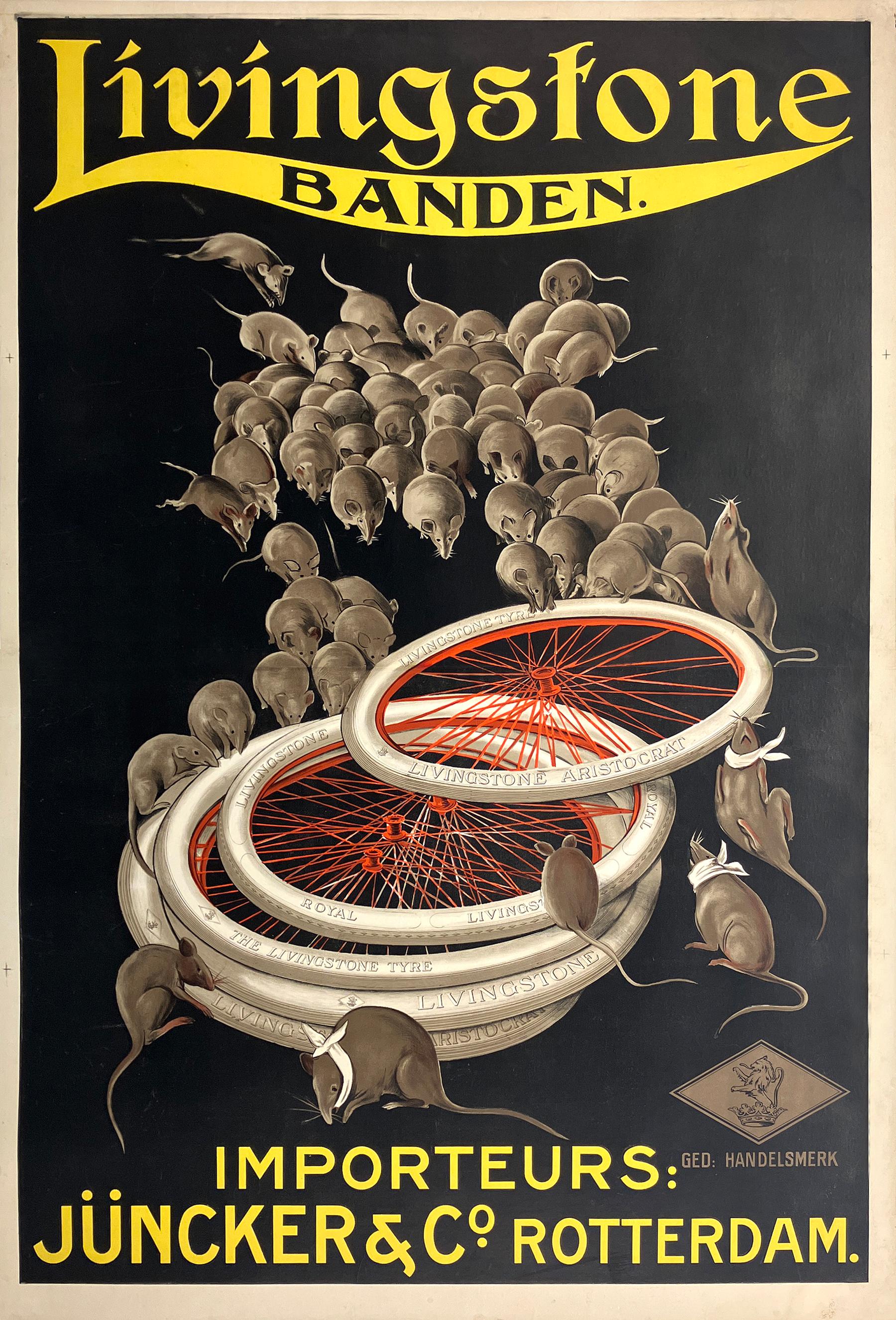 This vintage poster by Leonetto Cappiello (1875–1942) was created to advertise Livingstone Banden bicycle tires, imported by Juncker & Co. in Rotterdam. The dramatic image shows a swarm of rats descending upon a pile of bicycle wheels, only to be