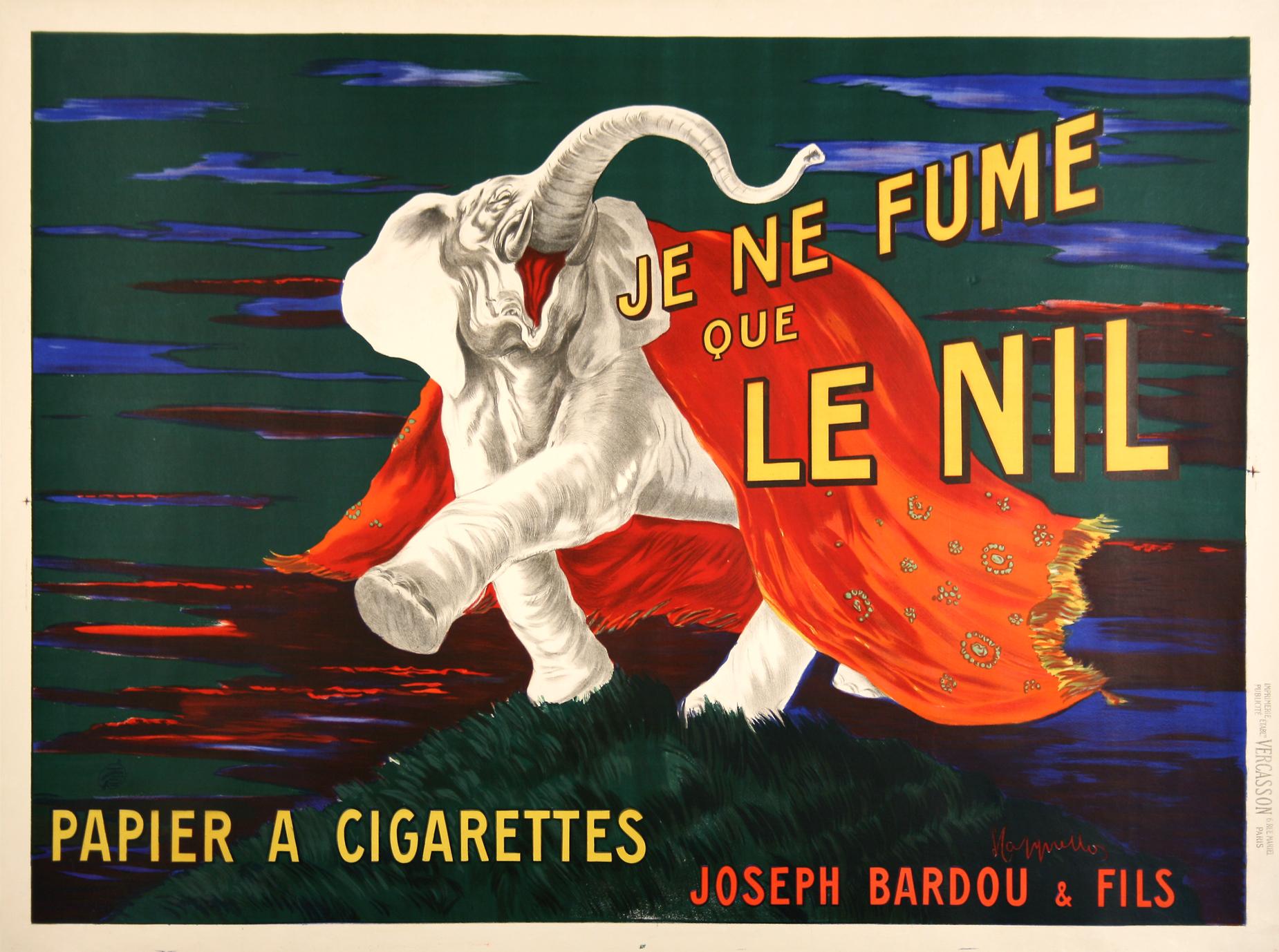 Leonetto Cappiello, often called the Father of the Modern Poster, used his best artistic talents in portraying the beautiful elephant that is central to this poster. The actual product being promoted is the cigarette paper made by the Le Nil