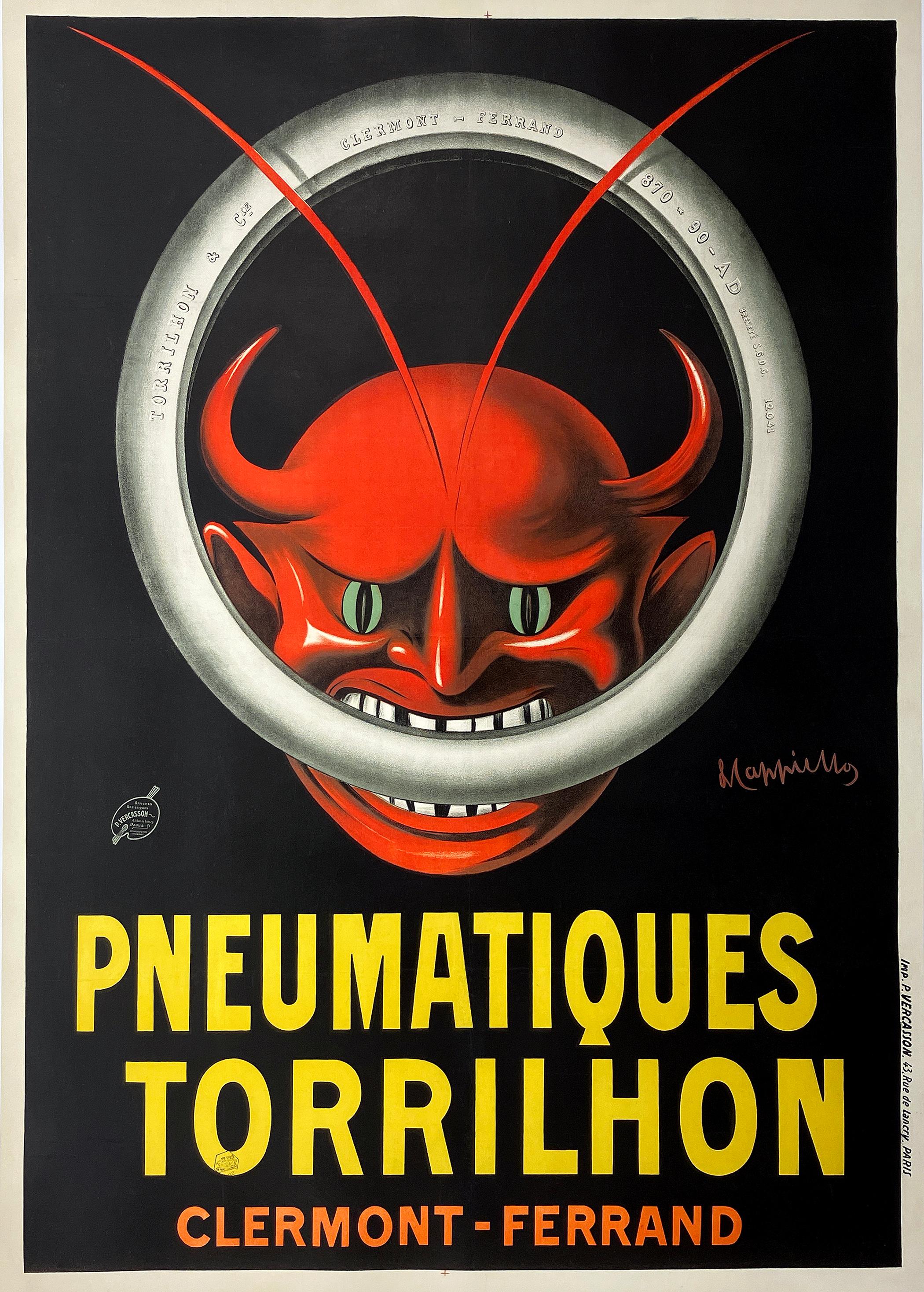 This electrifying original vintage poster was created in 1906 by Leonetto Cappiello, the visionary Italian-born artist widely considered the father of modern advertising. Commissioned to promote Pneumatiques Torrilhon, a tire manufacturer based in
