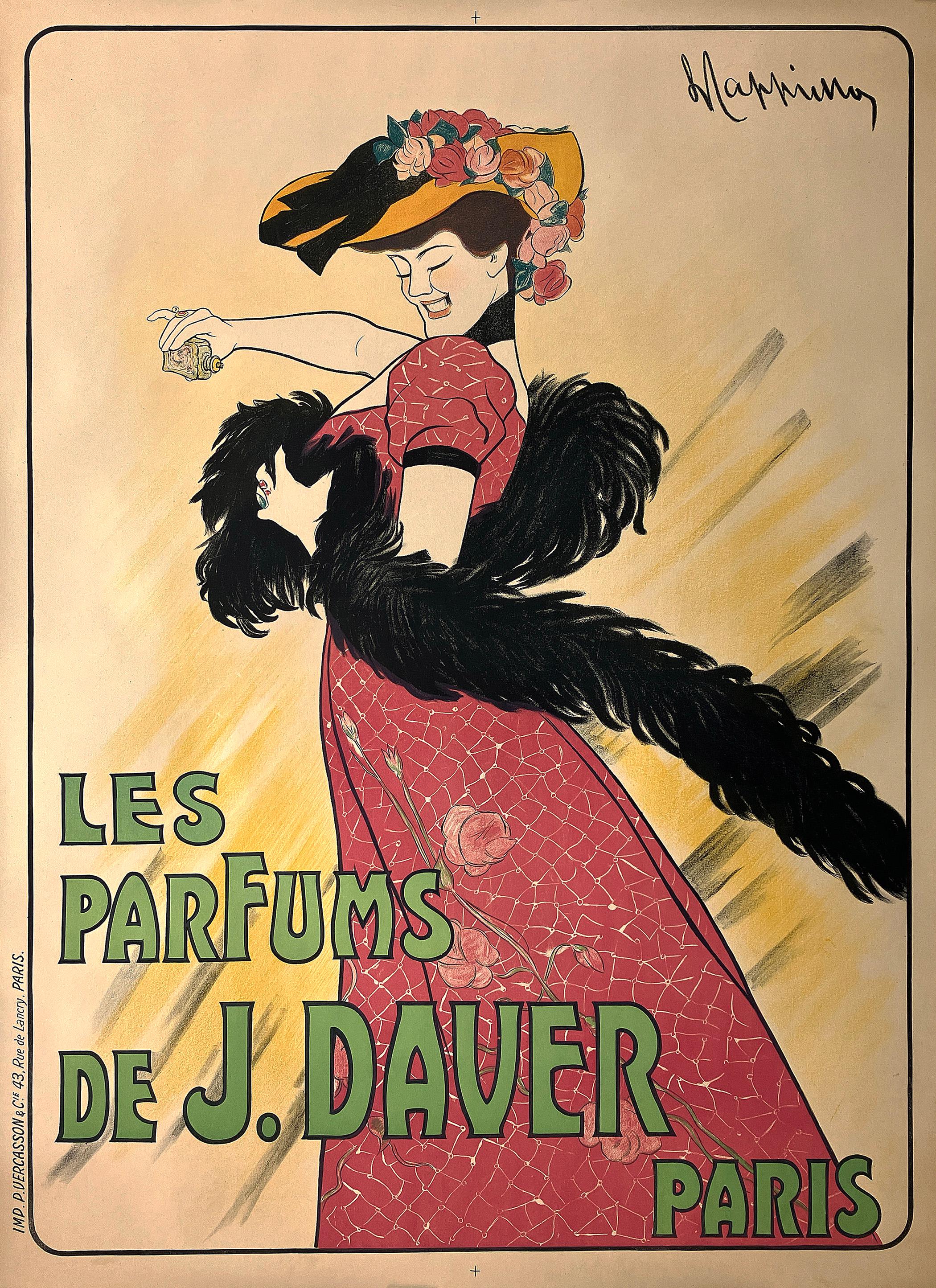 This poster was created to advertise Les Parfums de J. Daver, Paris, a French perfume house active in the early 20th century. J. Daver was known for producing elegant fragrances during a period when Paris was establishing itself as the world’s