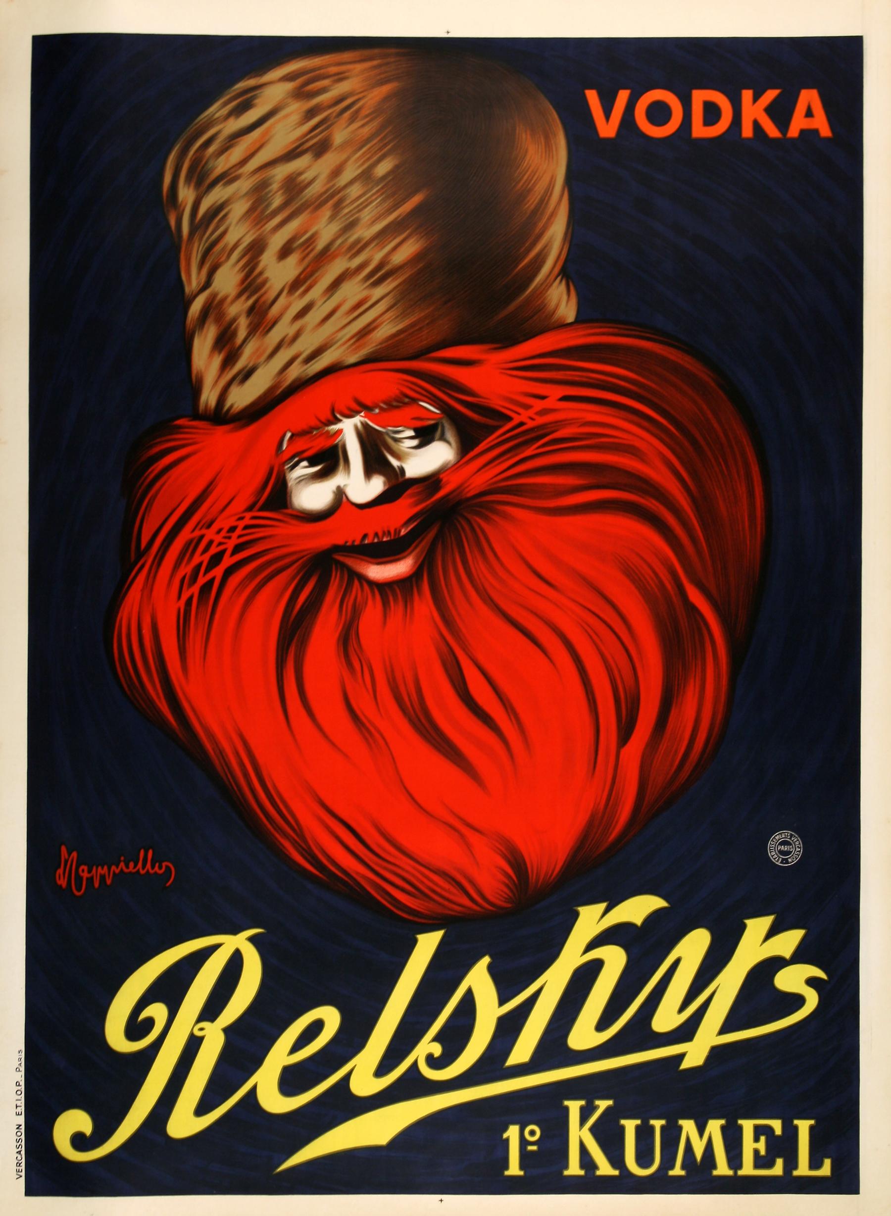 Este cartel para el vodka Relsky es un cartel especialmente emocionante del famoso artista Leonetto Cappiello. Fue producido e impreso en 1925, y destaca en un ámbito de carteles de licores de la época que tienden a estar más centrados en el vino.