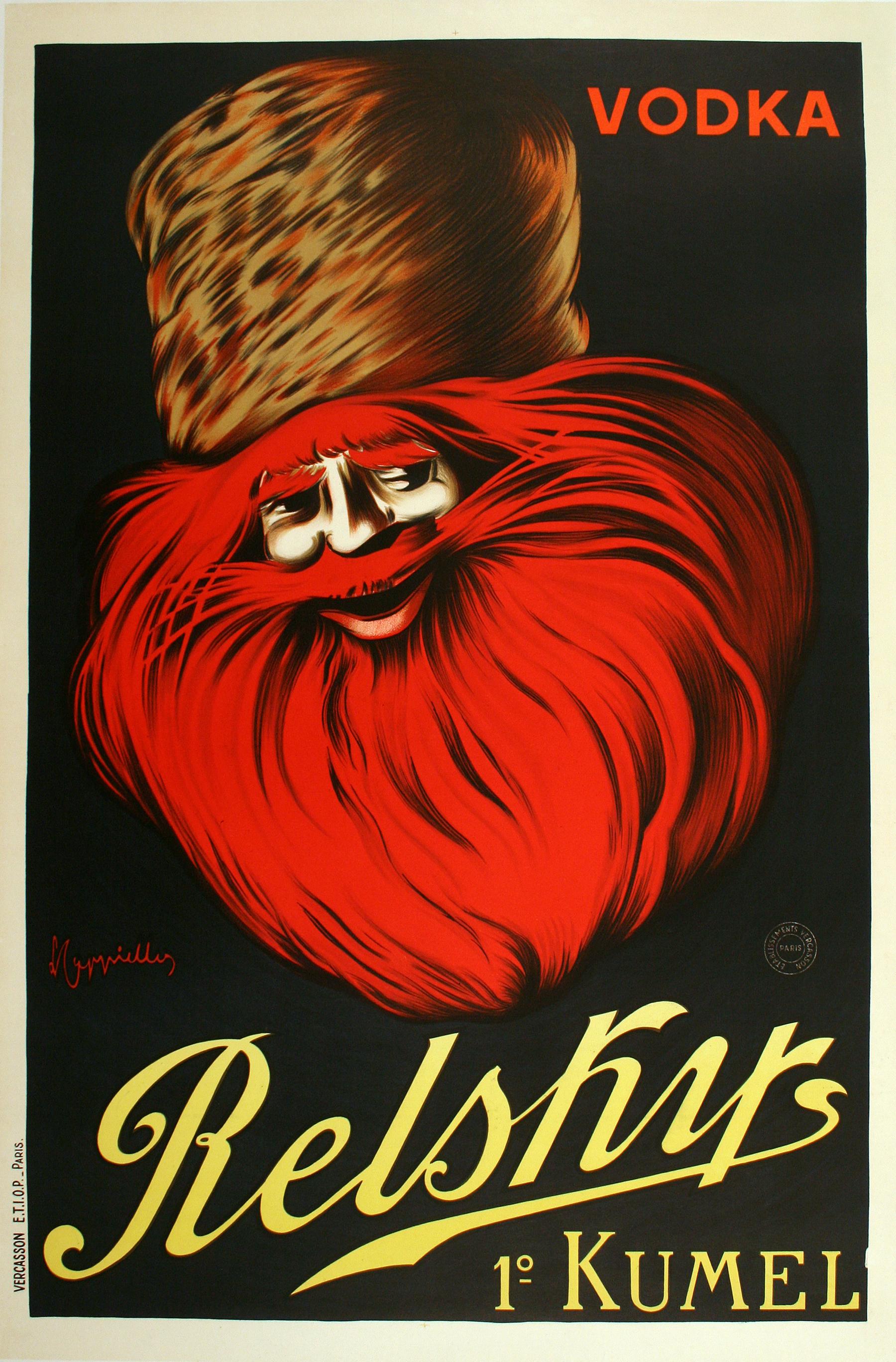 This poster for Relsky Vodka is a particularly exciting poster by famed artist Leonetto Cappiello. It was produced and printed in 1925, and stands out in a realm of liquor posters from the era that tend to be more wine-centric. The Russian's red