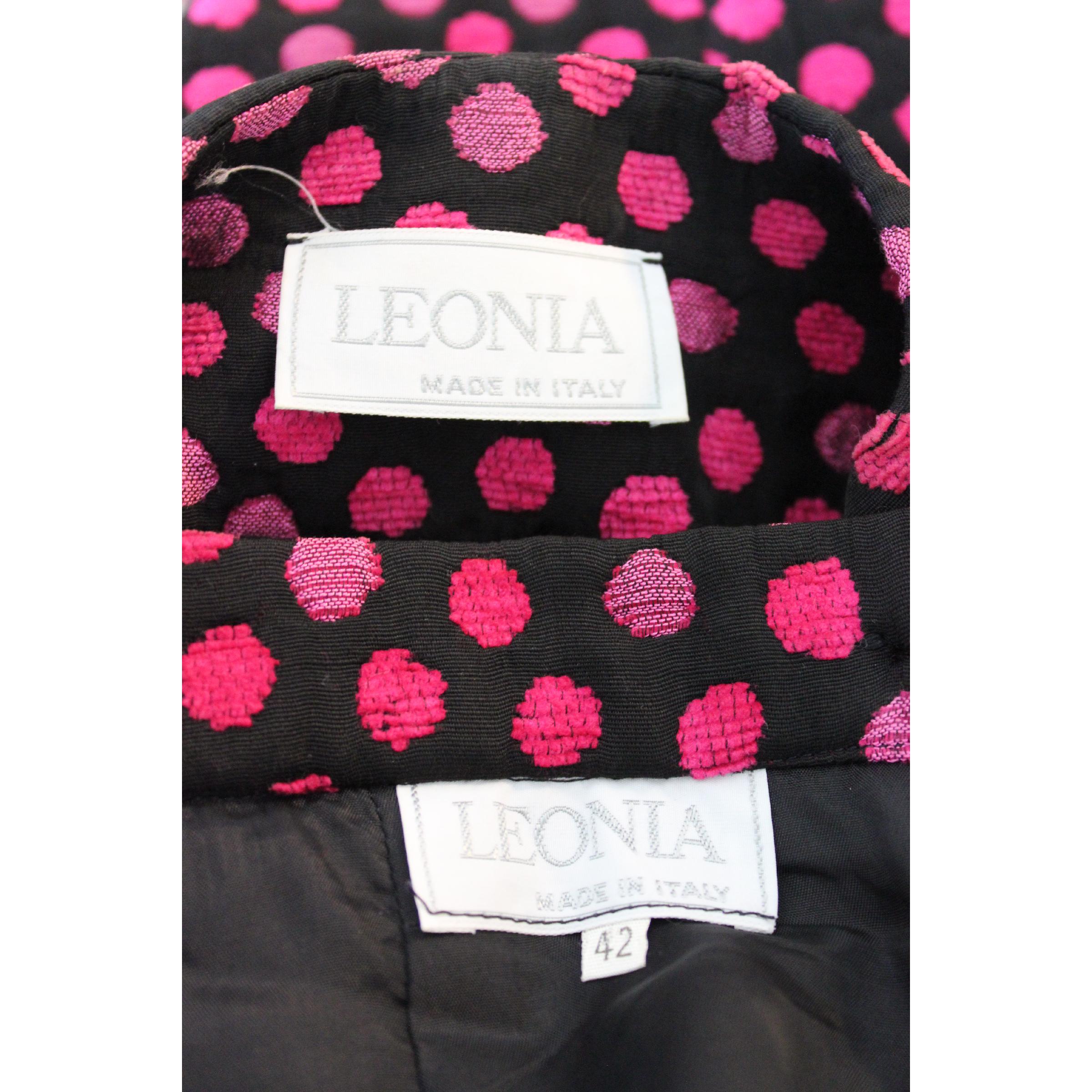 Leonia Polvani Black Fuchsia Wool Polka Dot Bow Suit Skirt And Jacket 1980s 3