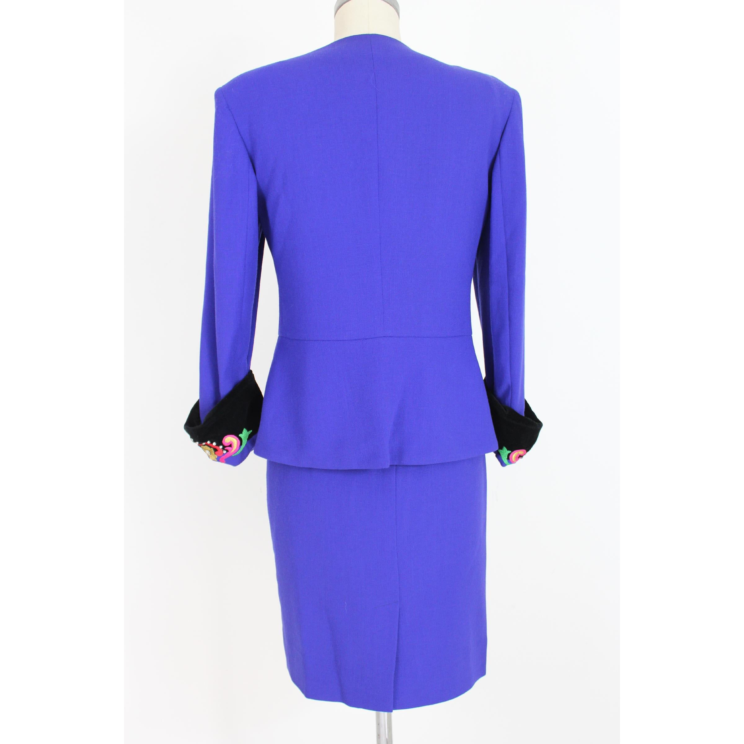 Women's Leonia Polvani Blue Wool Velvet Floral Strass Evening Skirt Suit 1980s