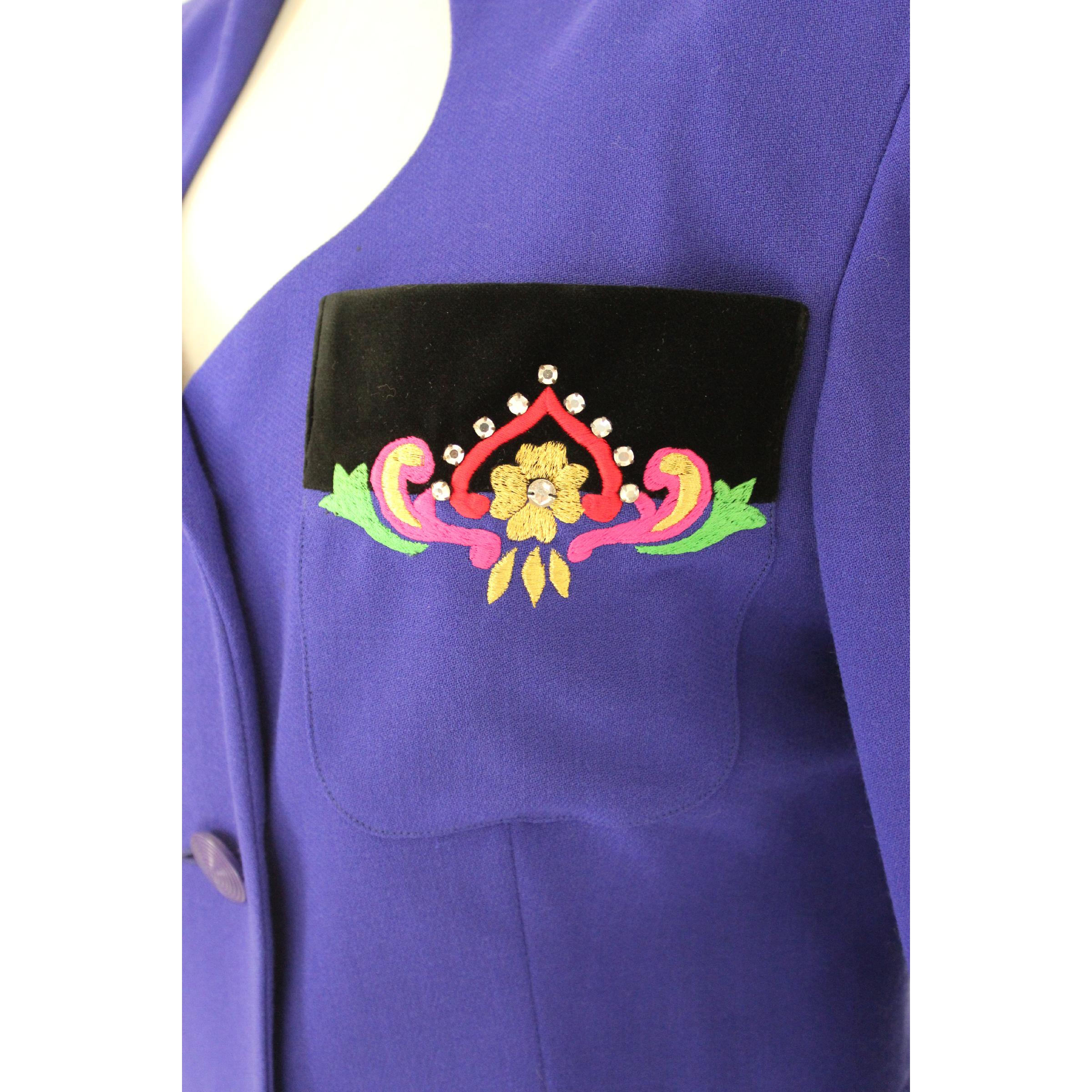 Leonia Polvani Blue Wool Velvet Floral Strass Evening Skirt Suit 1980s 1