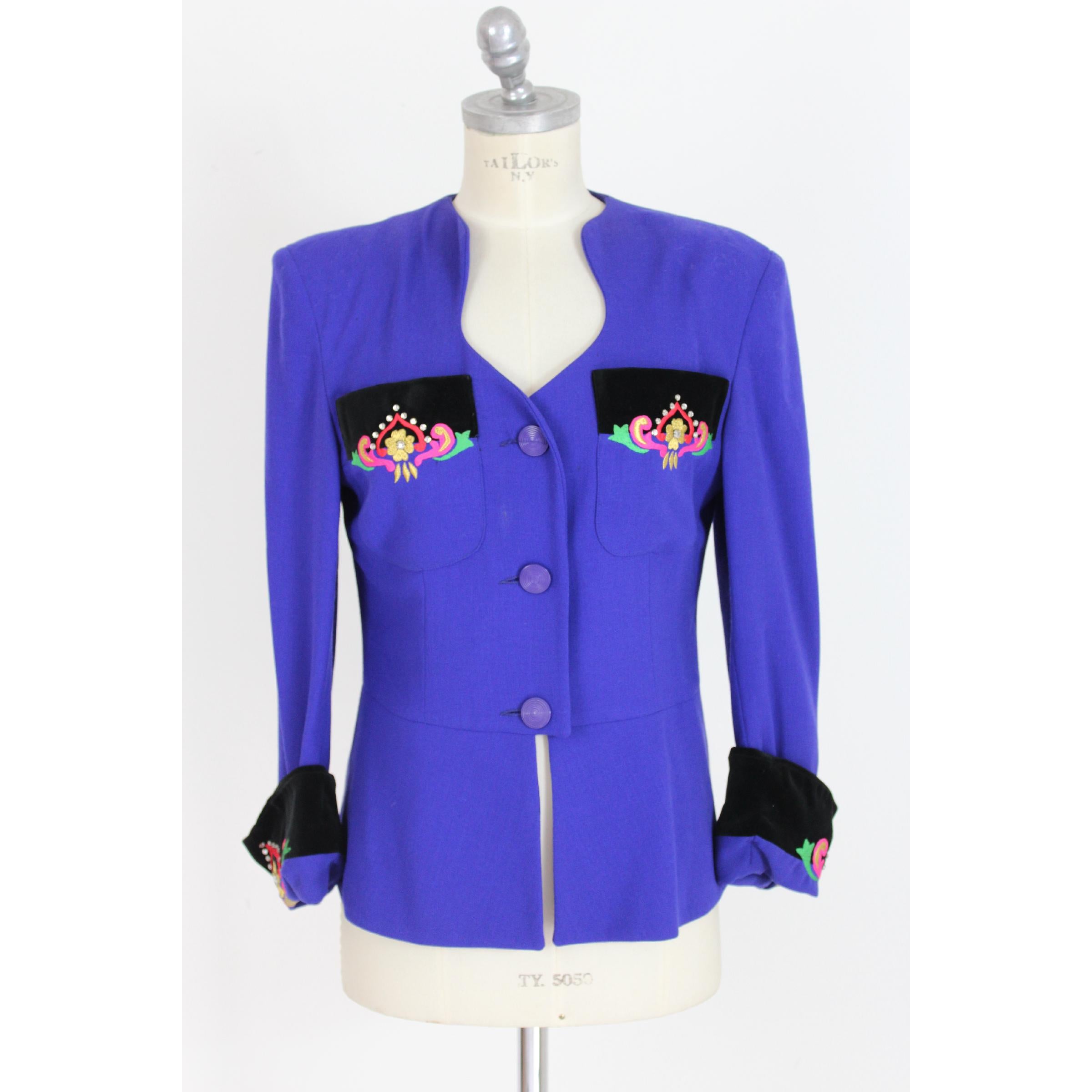 Leonia Polvani Blue Wool Velvet Floral Strass Evening Skirt Suit 1980s 4