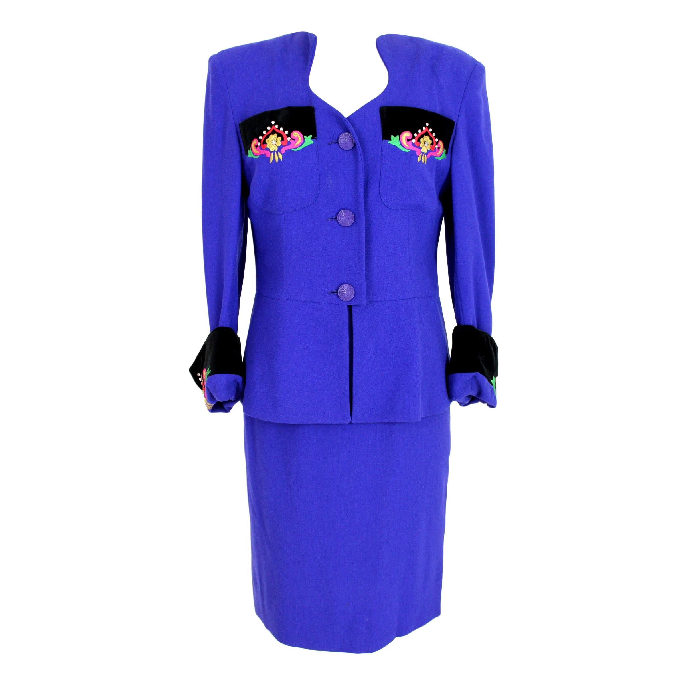 Leonia Polvani Blue Wool Velvet Floral Strass Evening Skirt Suit 1980s