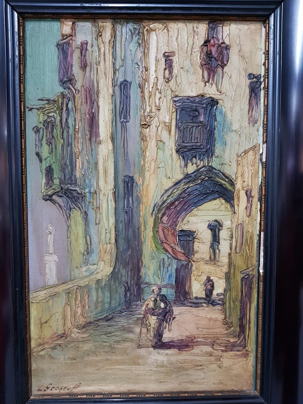 Oriental street scene with port and people and is painted in the late 1930s by the American Leonid Gechtoff (1883-1941) signature bottom left, the frame has some damage around.

The measurements are including Frame,
Depth 6 cm/ 2.3 inch.
Width 44