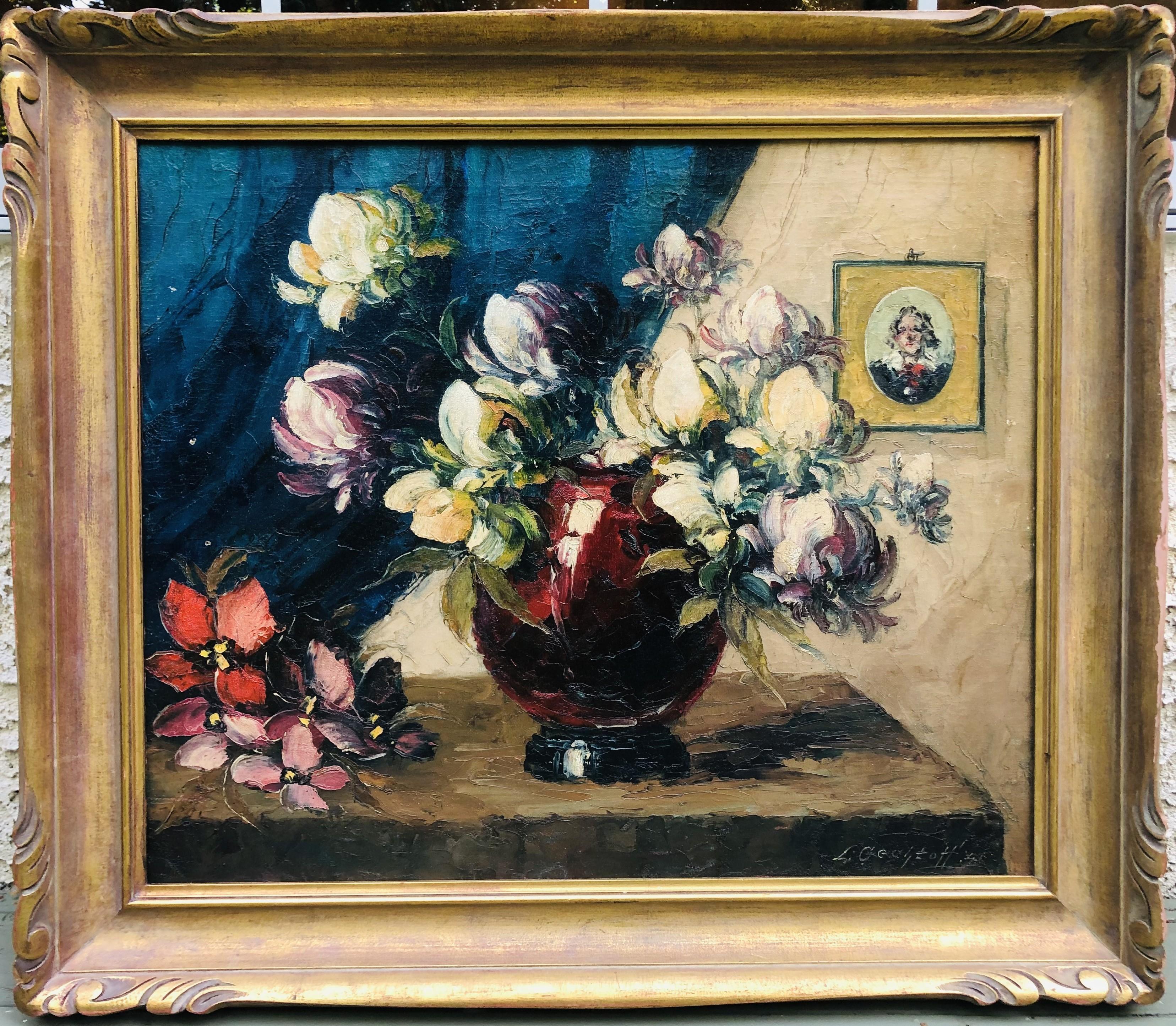Splendido olio floreale antico degli anni '20 con magnolie di Leonid Gechtoff 9