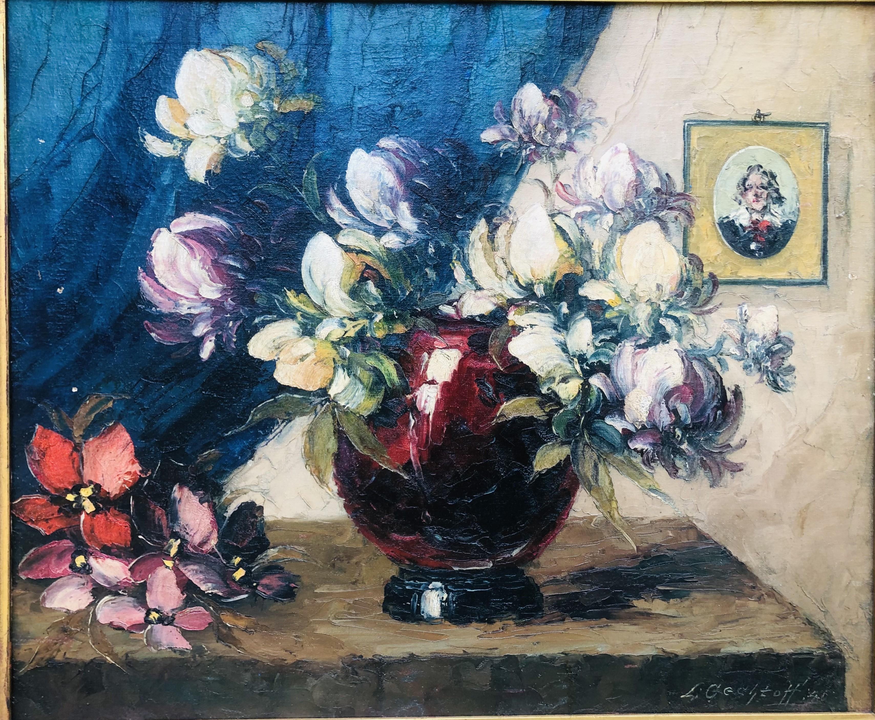 Splendido olio floreale antico degli anni '20 con magnolie di Leonid Gechtoff 2