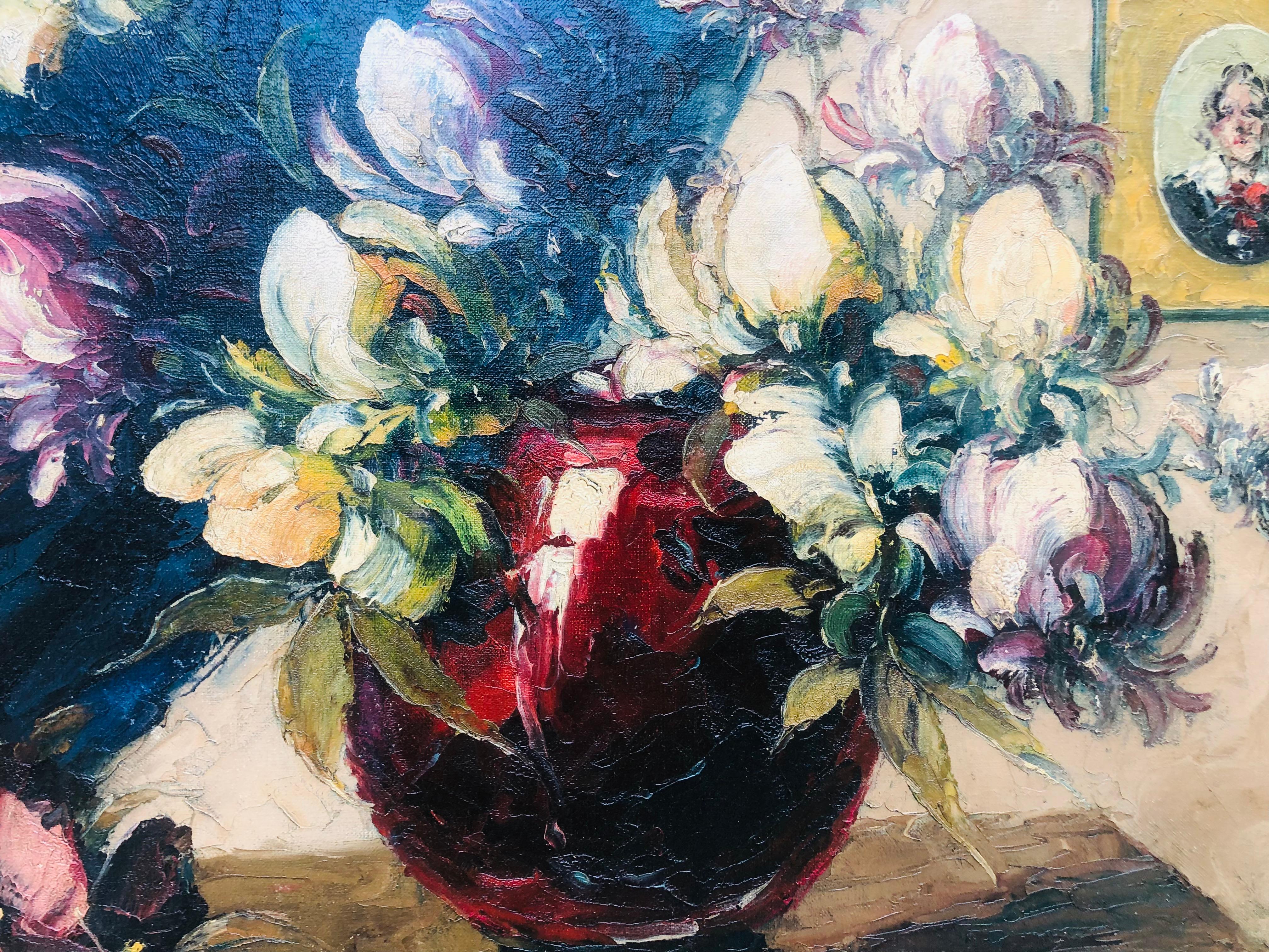 Splendido olio floreale antico degli anni '20 con magnolie di Leonid Gechtoff 4