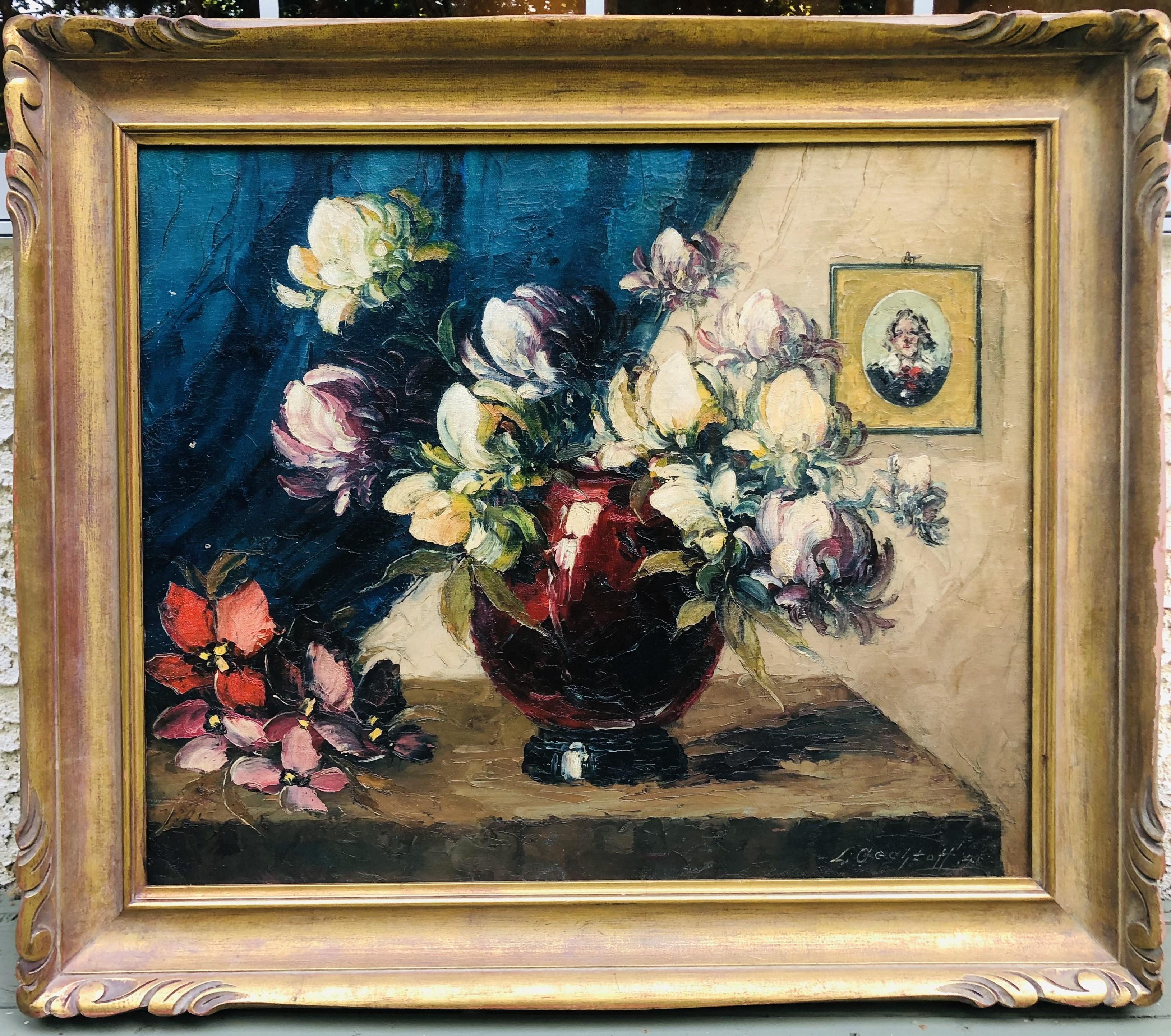 Splendido olio floreale antico degli anni '20 con magnolie di Leonid Gechtoff 8