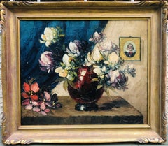 Splendido olio floreale antico degli anni '20 con magnolie di Leonid Gechtoff