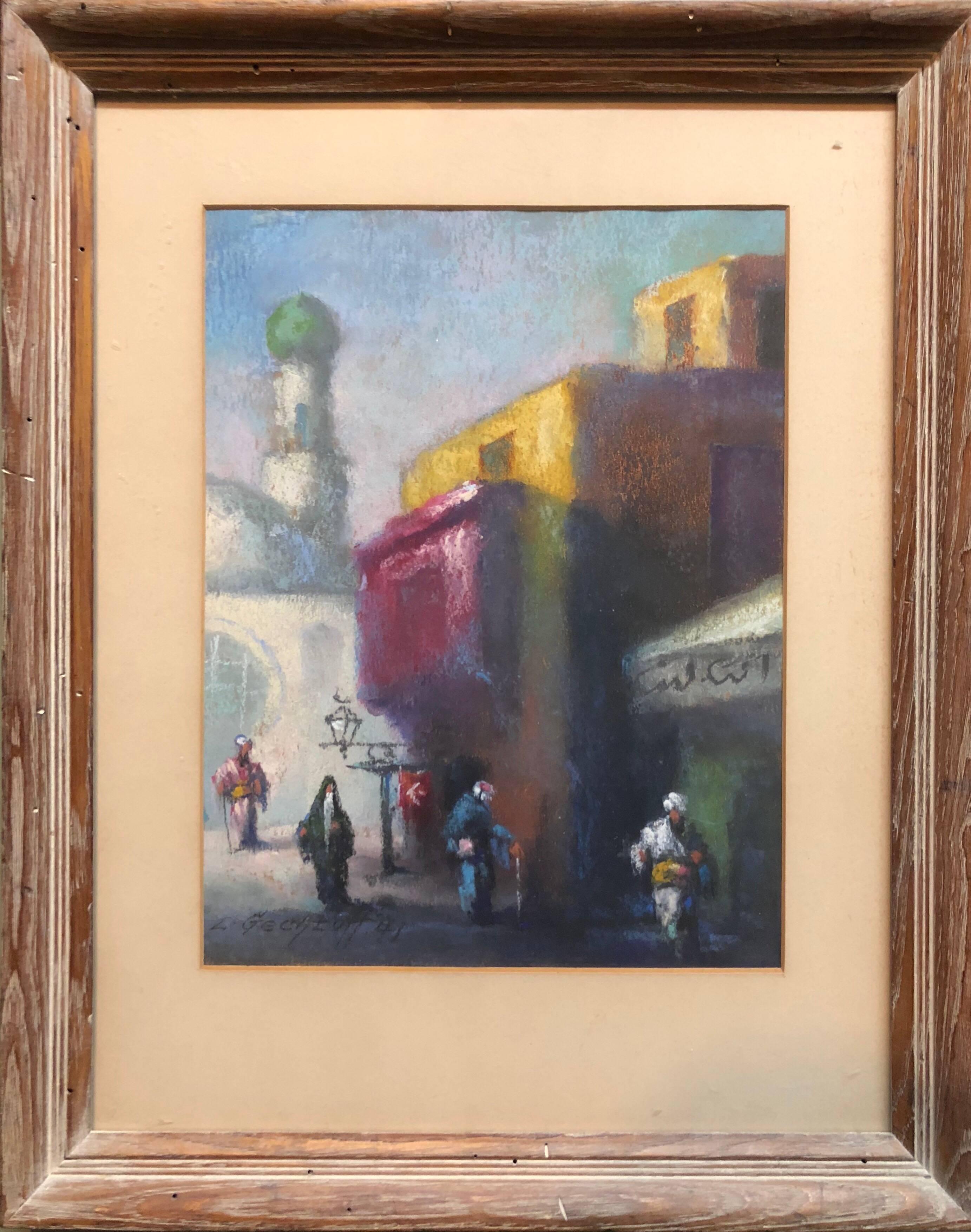 Orientalist Cairo Market Street Scene, Middle Eastern Bazaar - Painting by Leonid Gechtoff