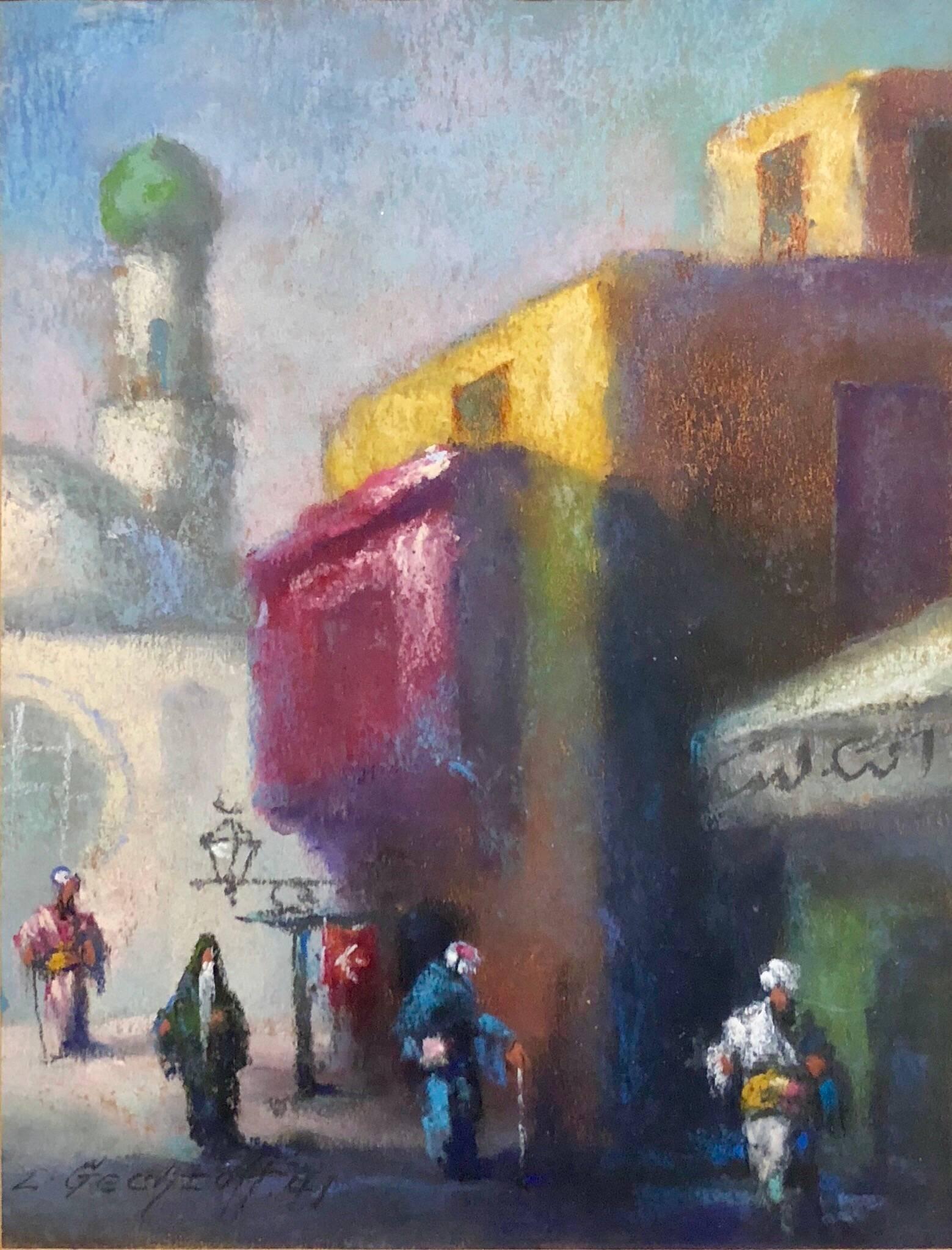 Leonid Gechtoff Landscape Painting - Orientalist Cairo Market Street Scene, Middle Eastern Bazaar