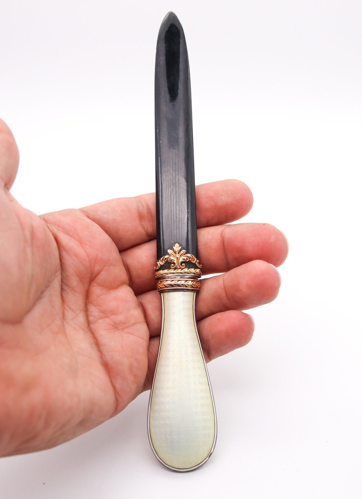 Hand-Carved LEONID KOCHERGIN 1900 Russian Empire Enameled Letter Opener In 14Kt Gold Silver For Sale