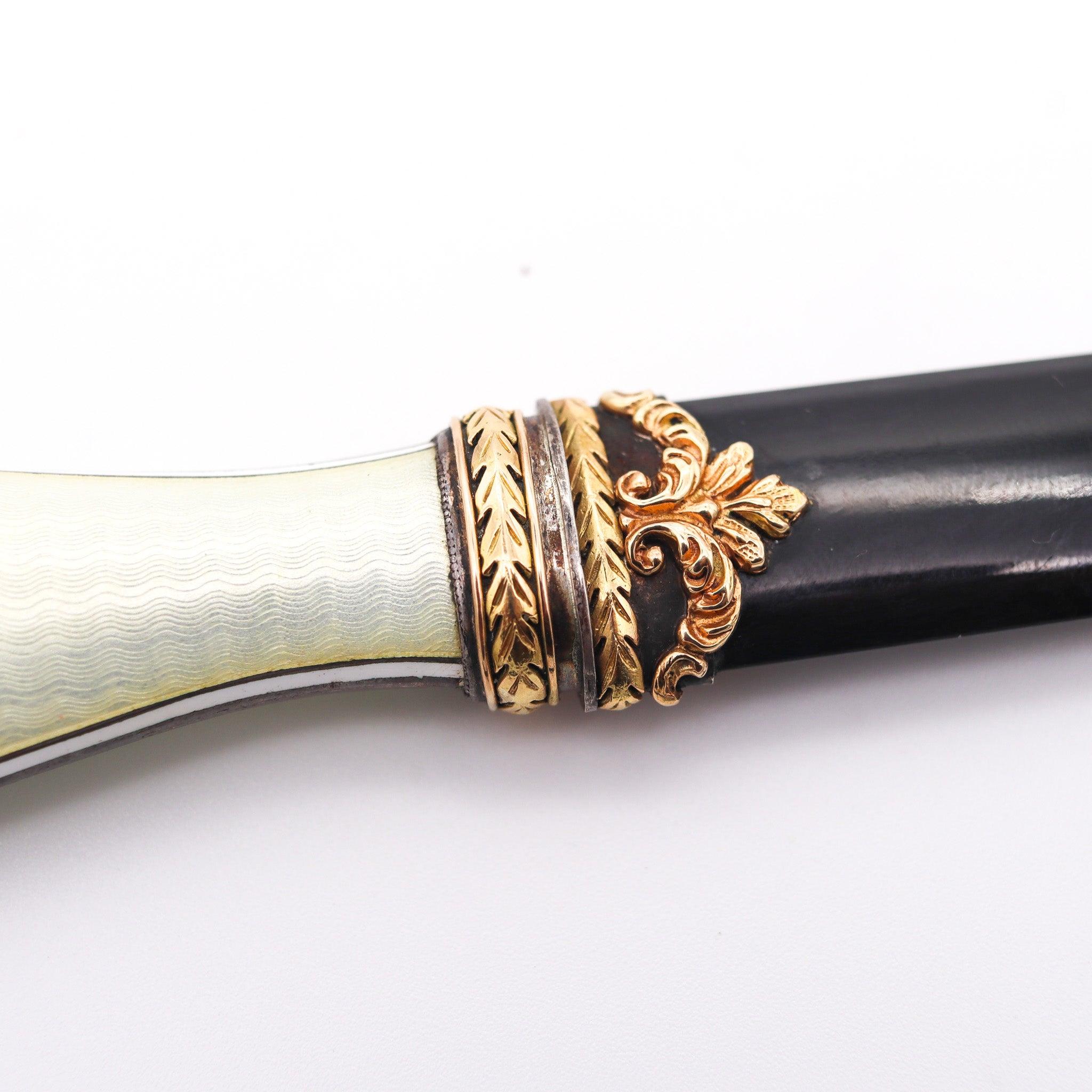 LEONID KOCHERGIN 1900 Russian Empire Enameled Letter Opener In 14Kt Gold Silver In Excellent Condition For Sale In Miami, FL