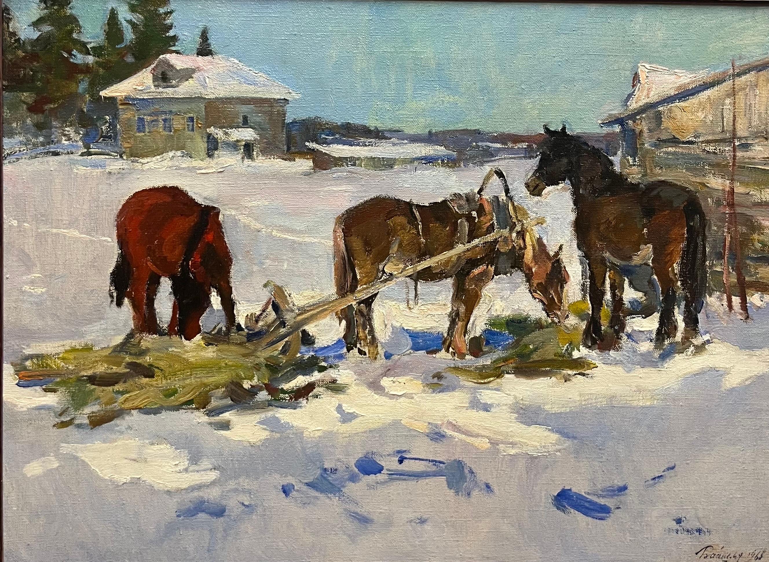 Leonid VAICHILIA Animal Painting - " Febbraio " cavalli nella neve , Olio  cm. 84 x 63  1965