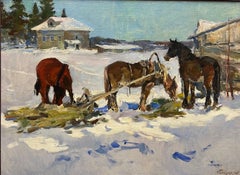 " Febbraio " cavalli nella neve , Olio  cm. 84 x 63  1965