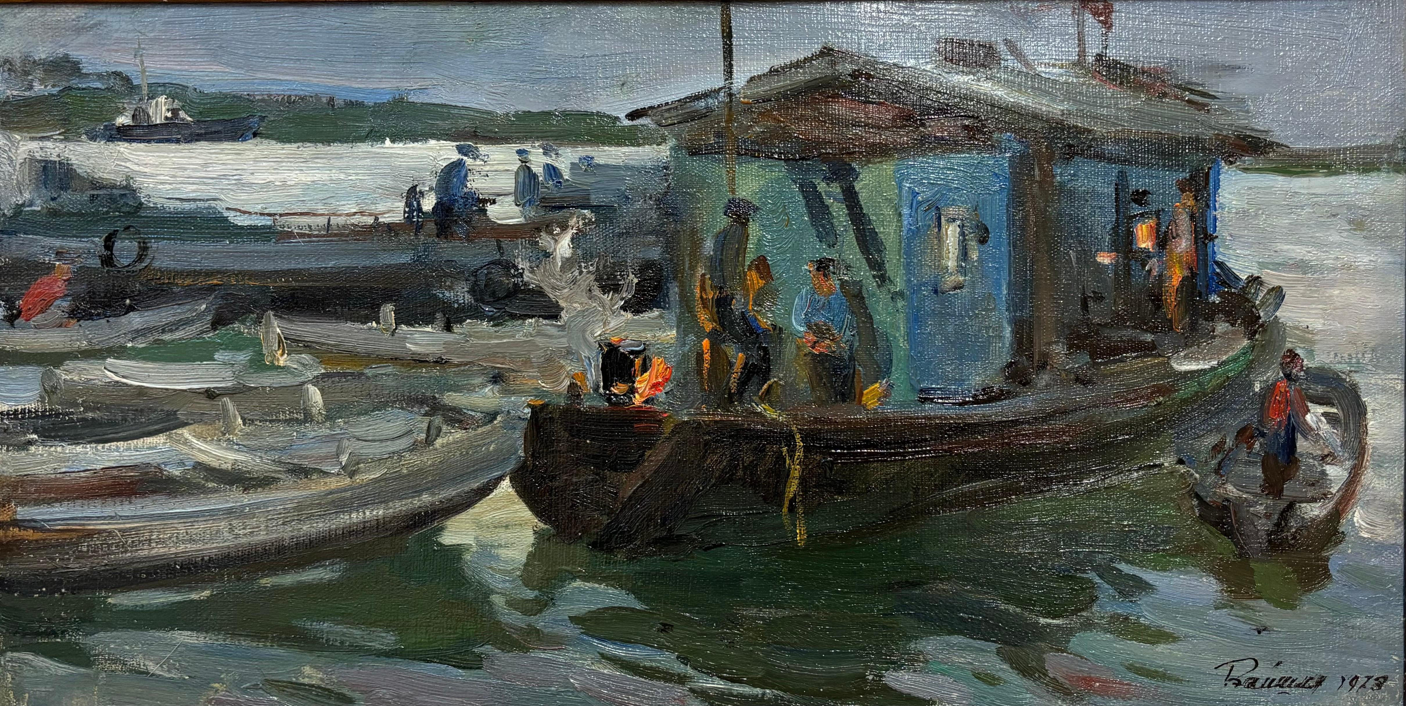 Leonid VAICHILIA Landscape Painting - " Pescatori , serata "  Olio su tela cm. 58 x 30  1973