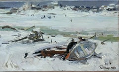"Boats on the frozen lake" oil cm. 46 x 26 1964 Winter, White, Snow, Russia