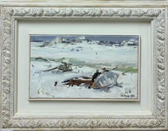 ""Boats on the frozen lake"" Öl cm. 46 x 26 1964 Winter, Weiß, Schnee, Russland