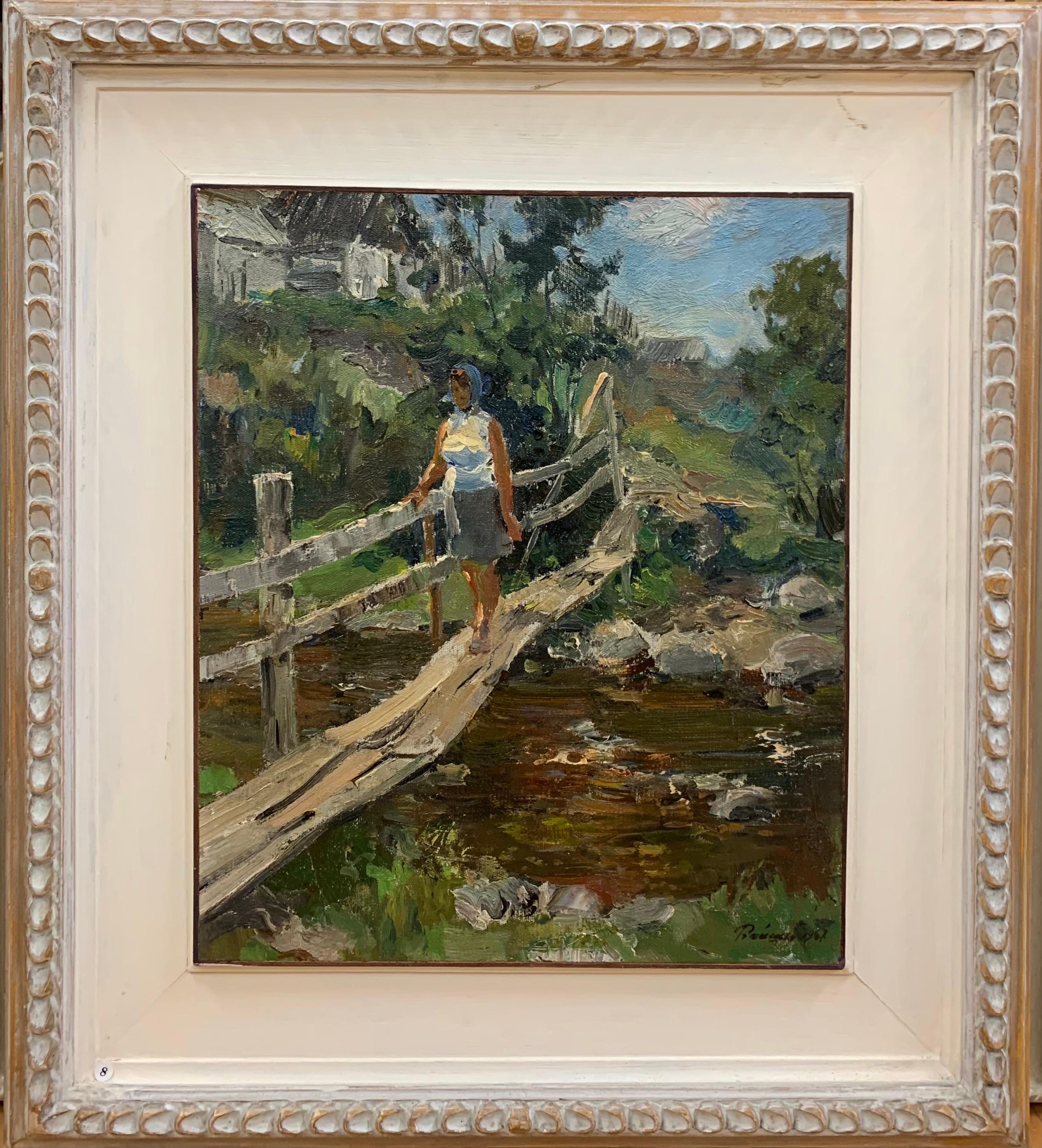 Leonid VAICHILIA Figurative Painting - "Bridge over the brook"Woman, Countryside, Green Oil cm.43 x 51 1972