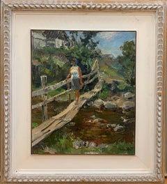 Vintage "Bridge over the brook"Woman, Countryside, Green Oil cm.43 x 51 1972