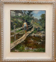 „Bridge over the brook“ Frau, Landschaft, Grünes Ölgemälde cm.43 x 51 1972