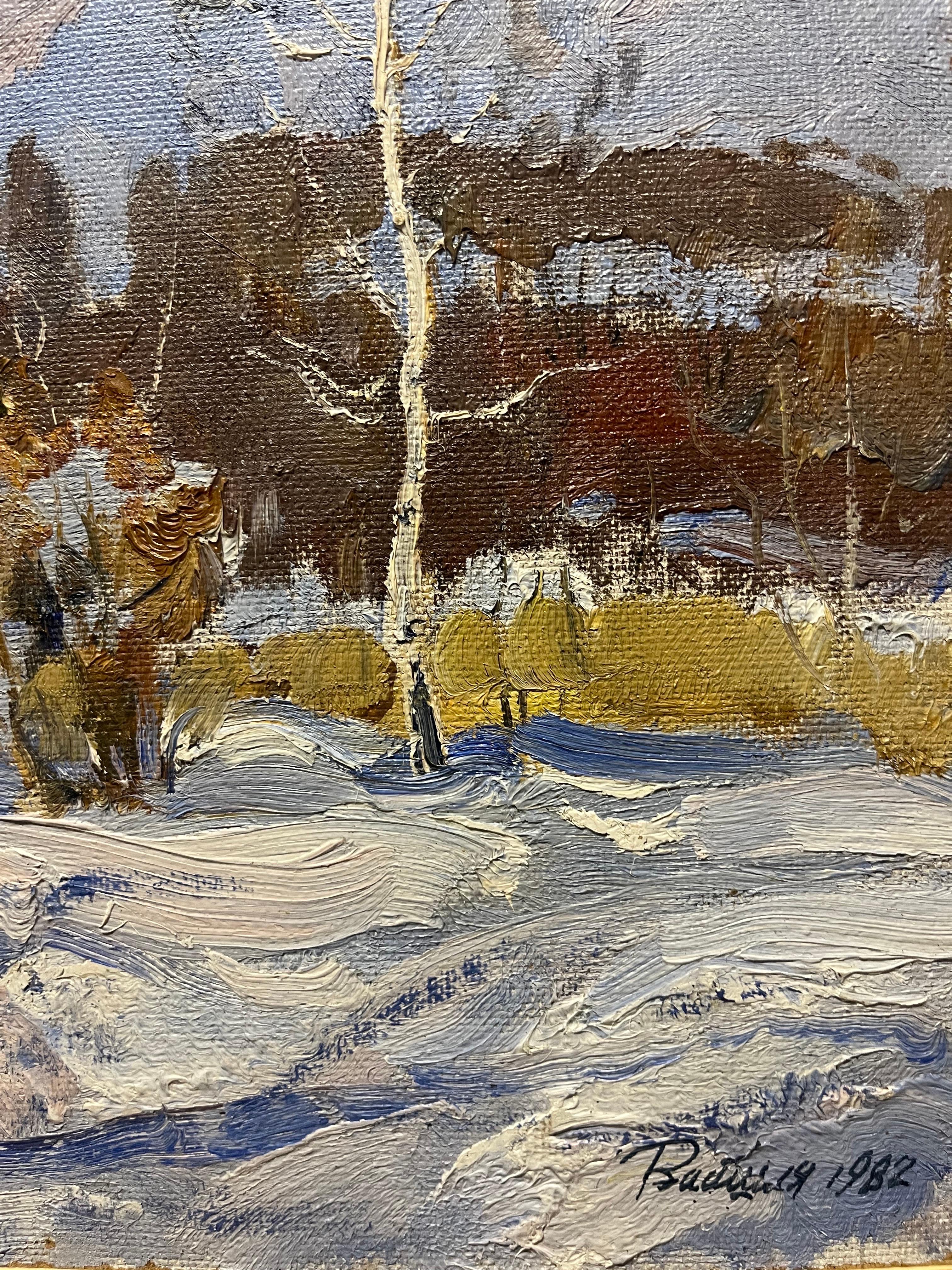 Cold morning   Oil  cm. 43 x 31 cm, 1982 - Gray Figurative Painting by Leonid VAICHILIA