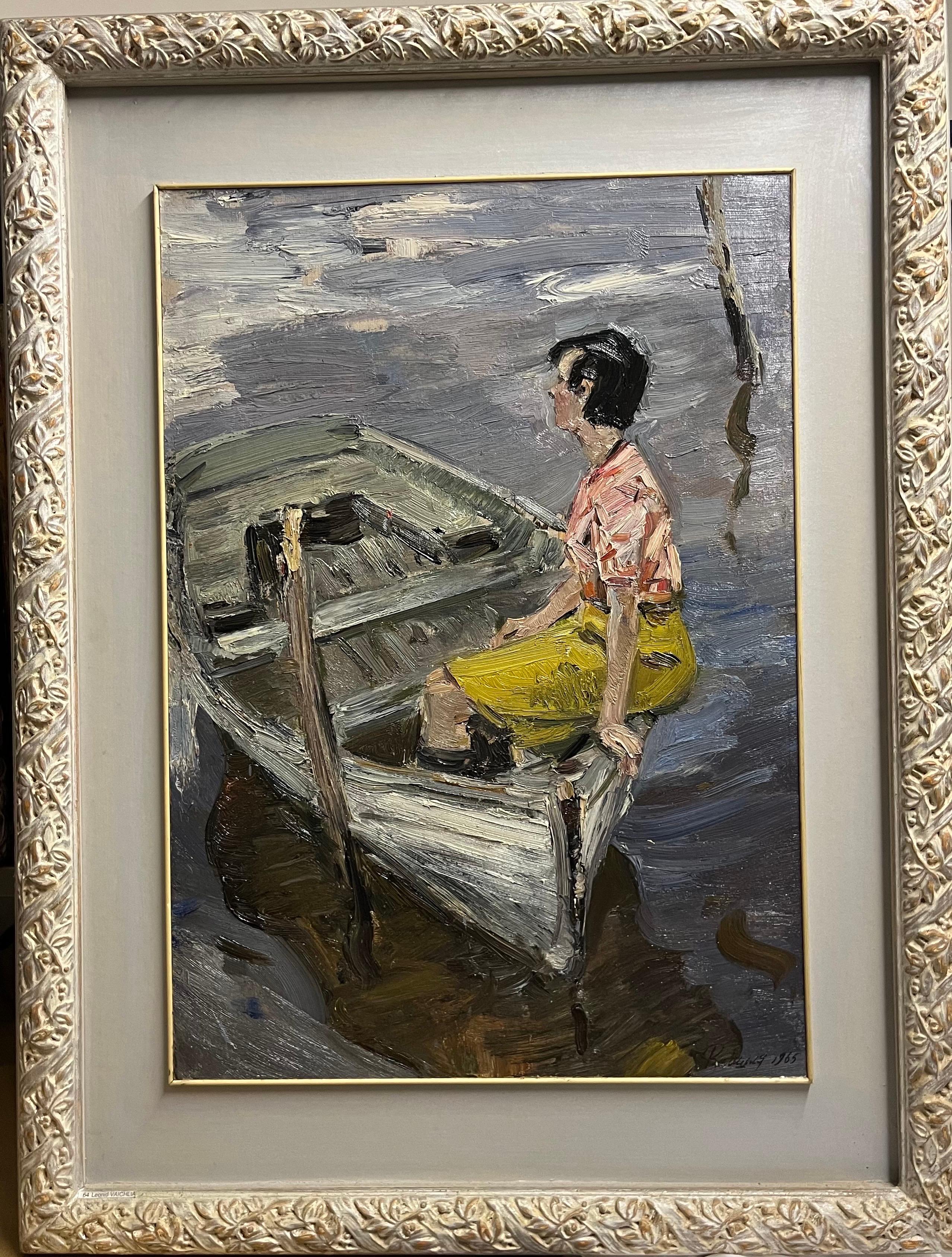 Leonid VAICHILIA Portrait Painting - "Donna sul fiume" Olio su tavola cm. 50 x 67  1965