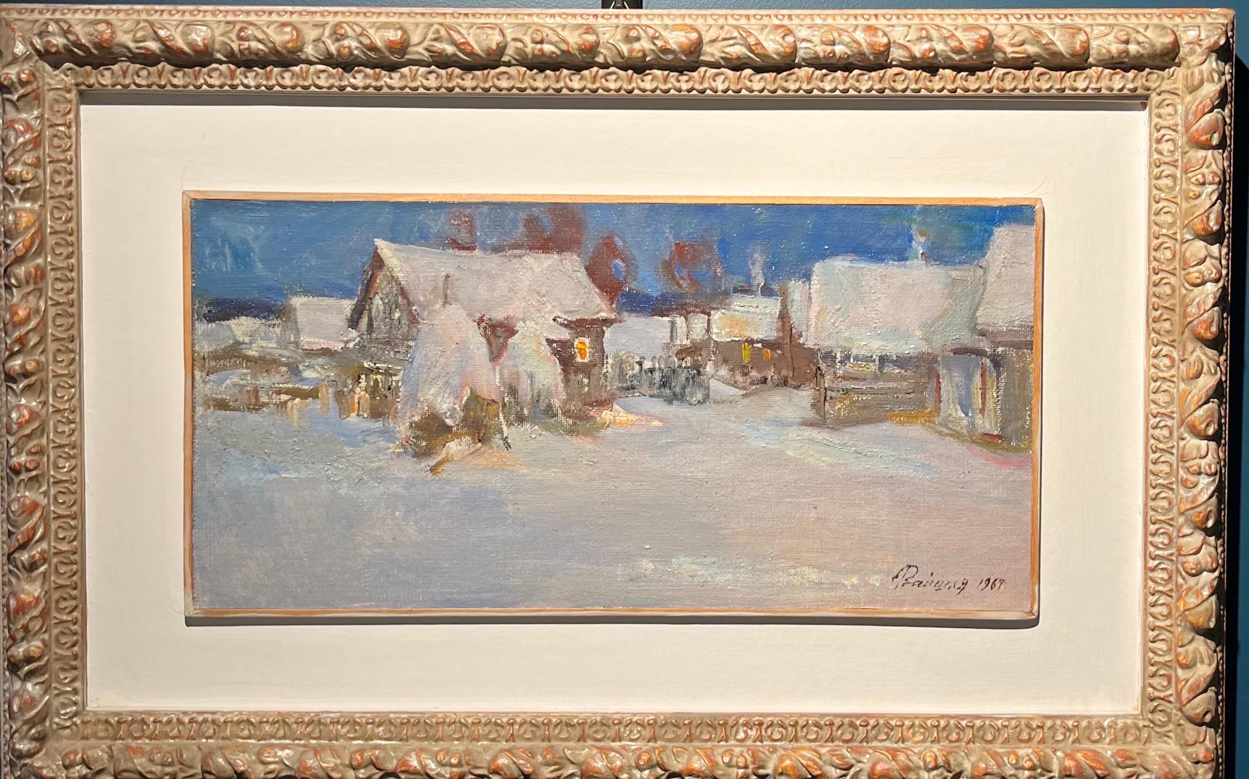 "Evening in the small town" Peinture à l'huile blanche, neige, hiver  50 cm x 25  1967