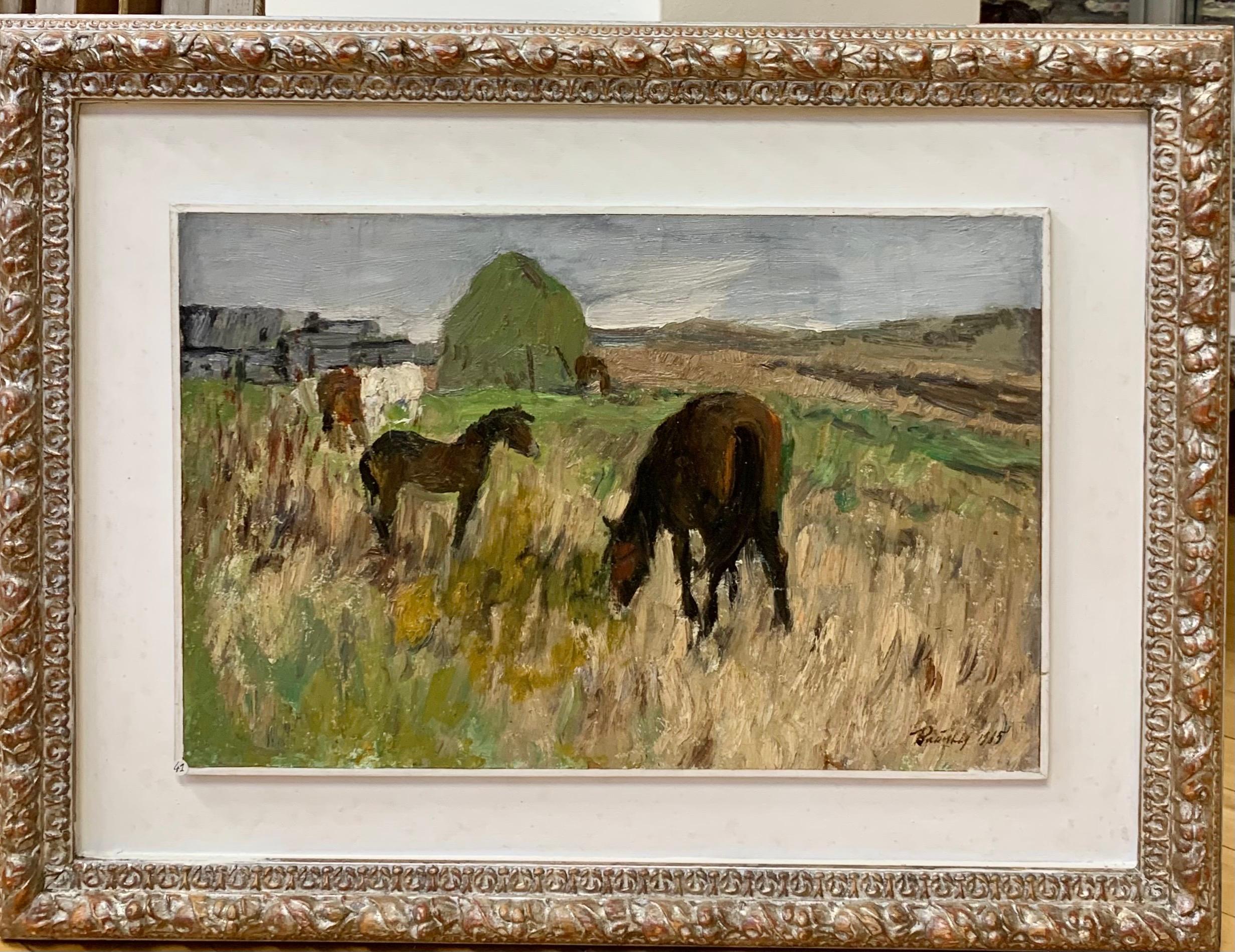 Leonid VAICHILIA Animal Painting - "Grazing horses"Horses, countryside, foal Oil cm.52 x 32 1965