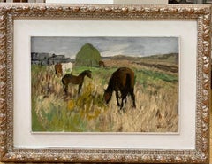 Vintage "Grazing horses"Horses, countryside, foal Oil cm.52 x 32 1965