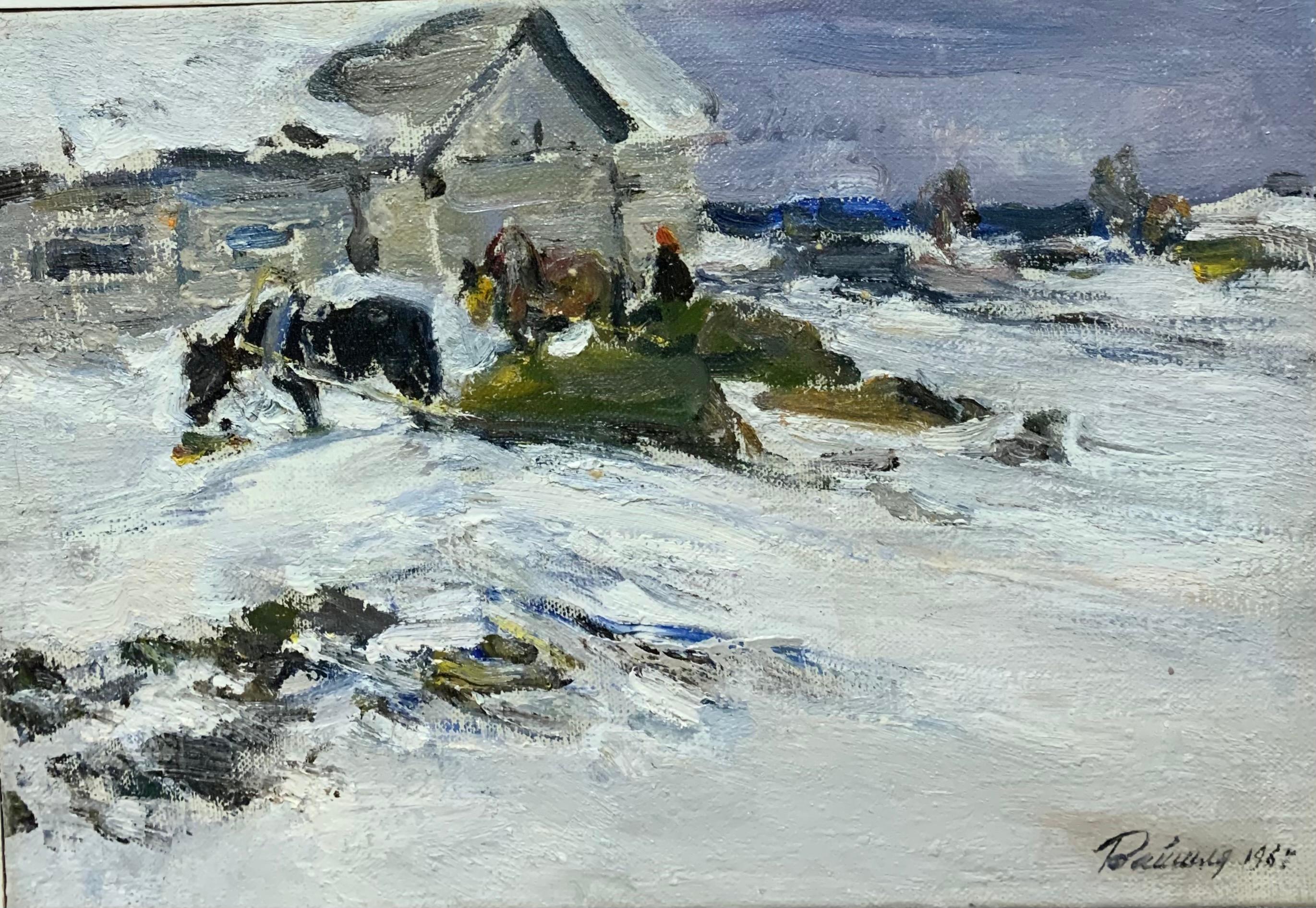 « Horses in the yard », huile 1967, Hiver, neige, blanc - Painting de Leonid VAICHILIA