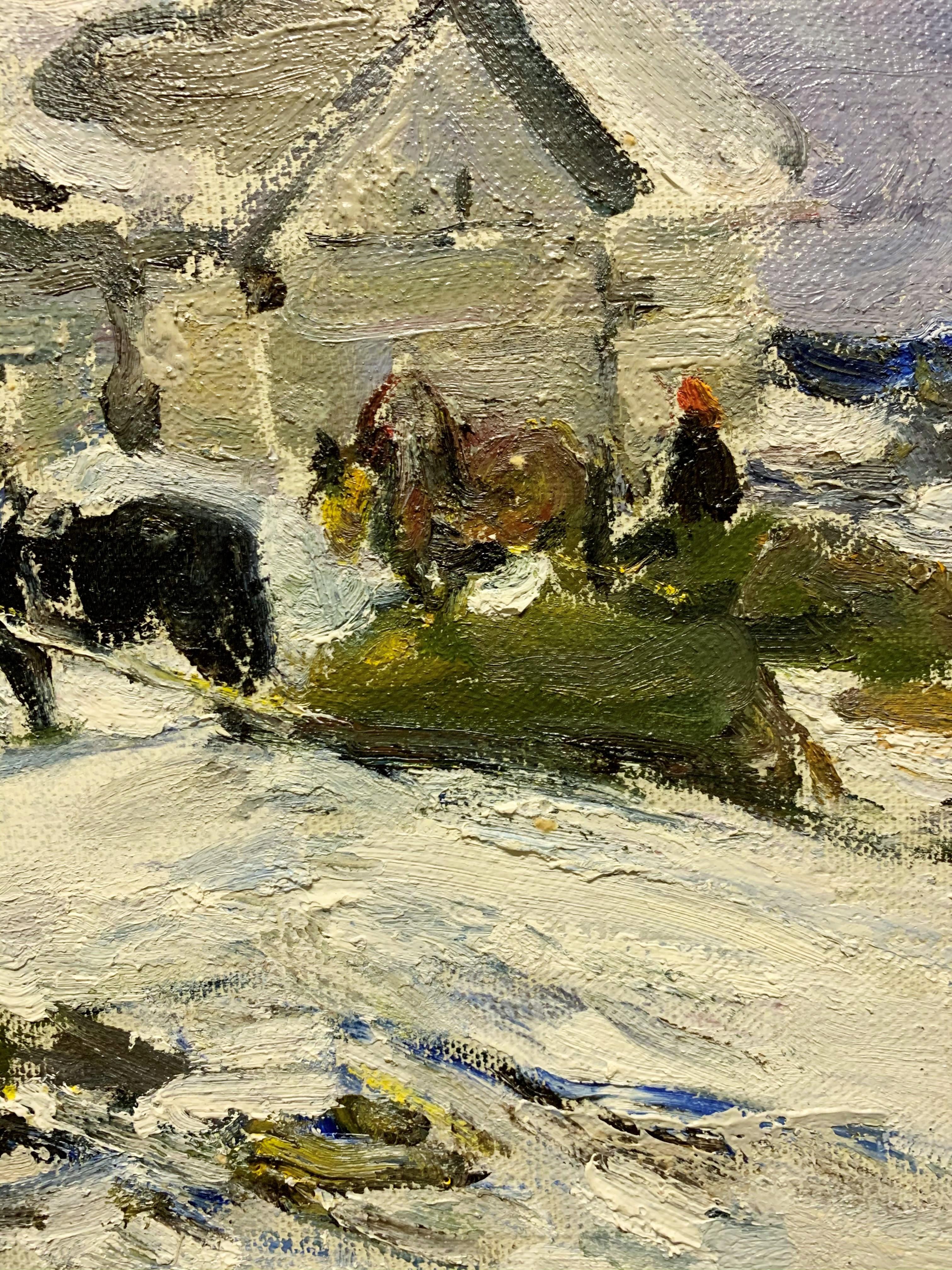 « Horses in the yard », huile 1967, Hiver, neige, blanc - Impressionnisme Painting par Leonid VAICHILIA