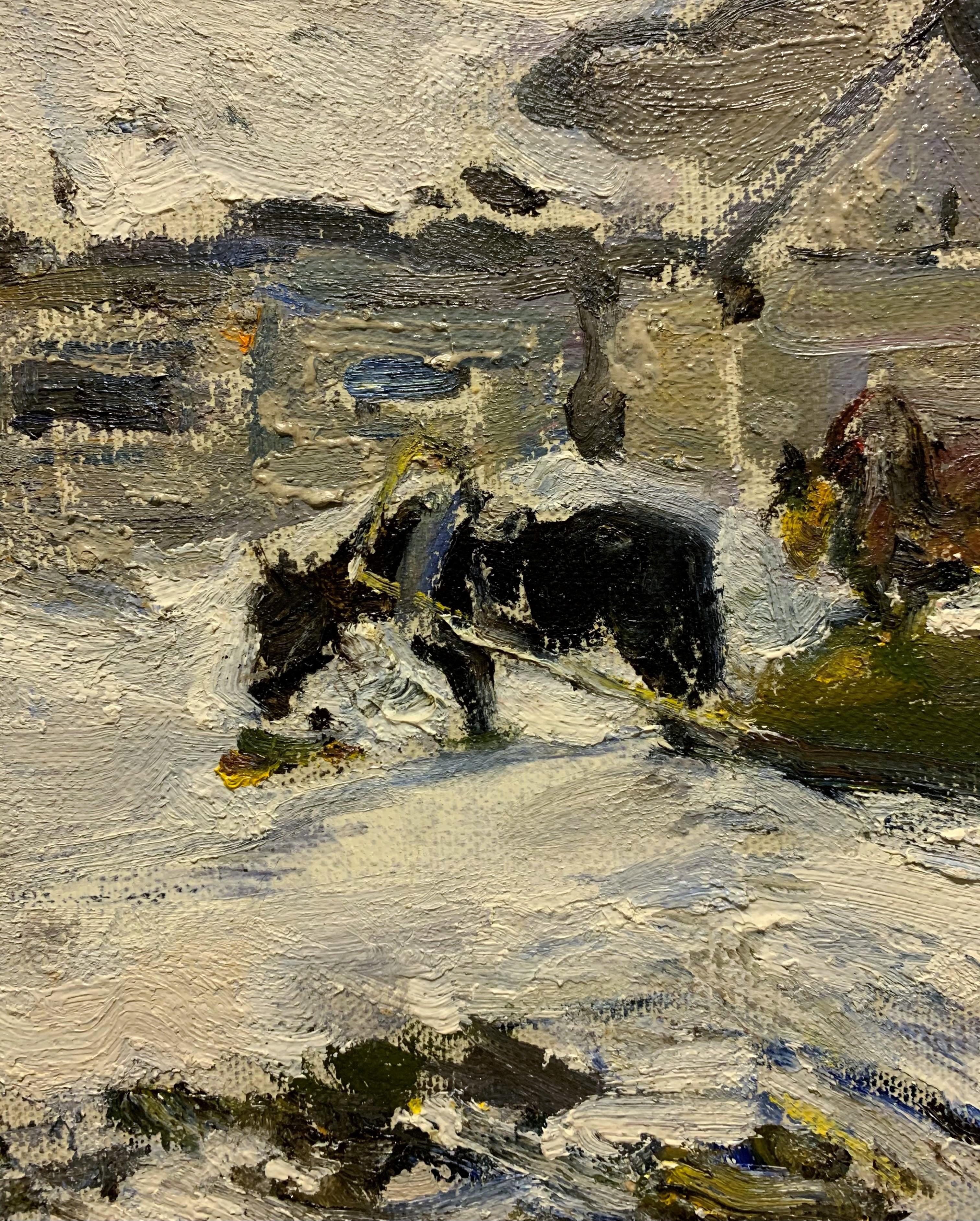 « Horses in the yard », huile 1967, Hiver, neige, blanc - Gris Animal Painting par Leonid VAICHILIA