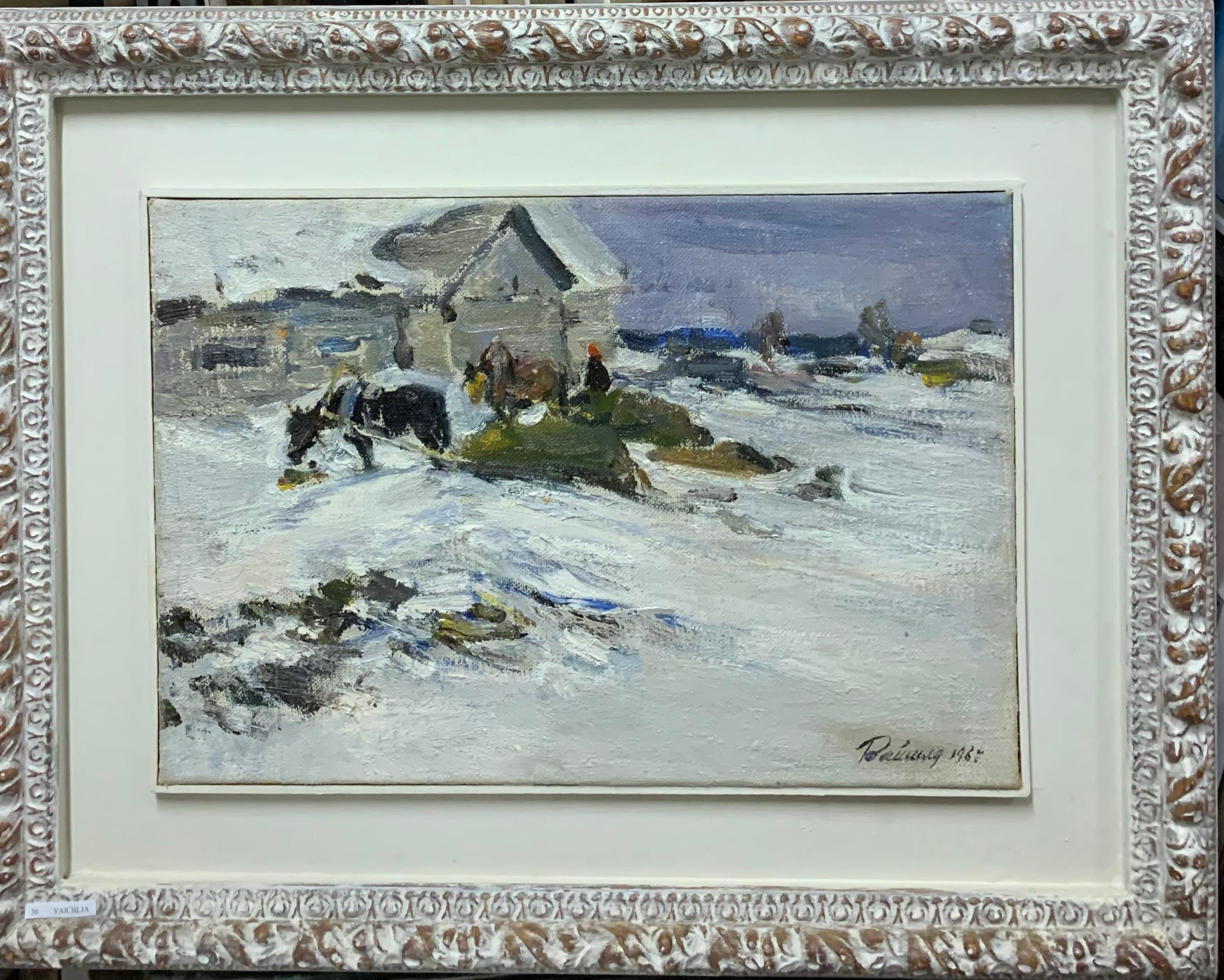 Leonid VAICHILIA Animal Painting - "Horses in the yard" Oil 1967 Winter, Snow, White