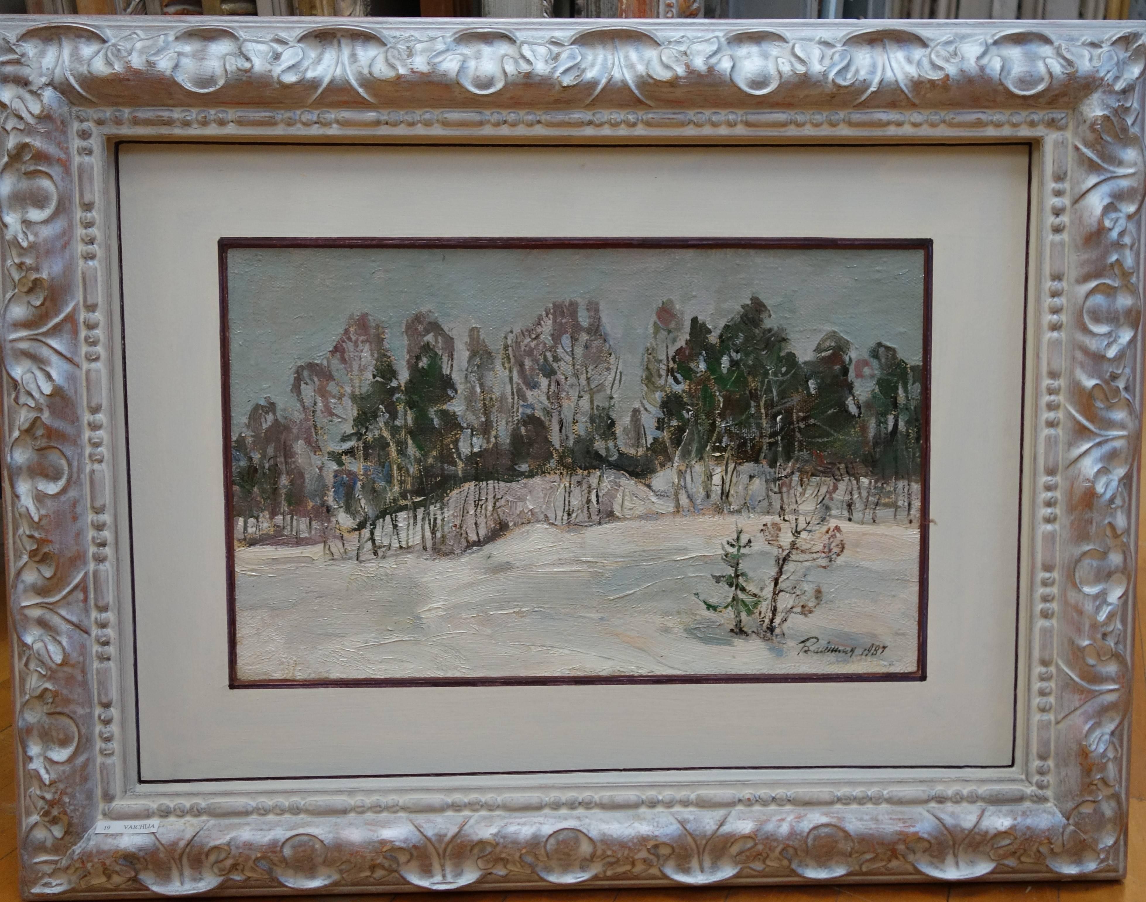 Leonid VAICHILIA Landscape Painting - "Near the forest" Snow, Forest, Winter, White Oil  cm. 46 x 30   1987