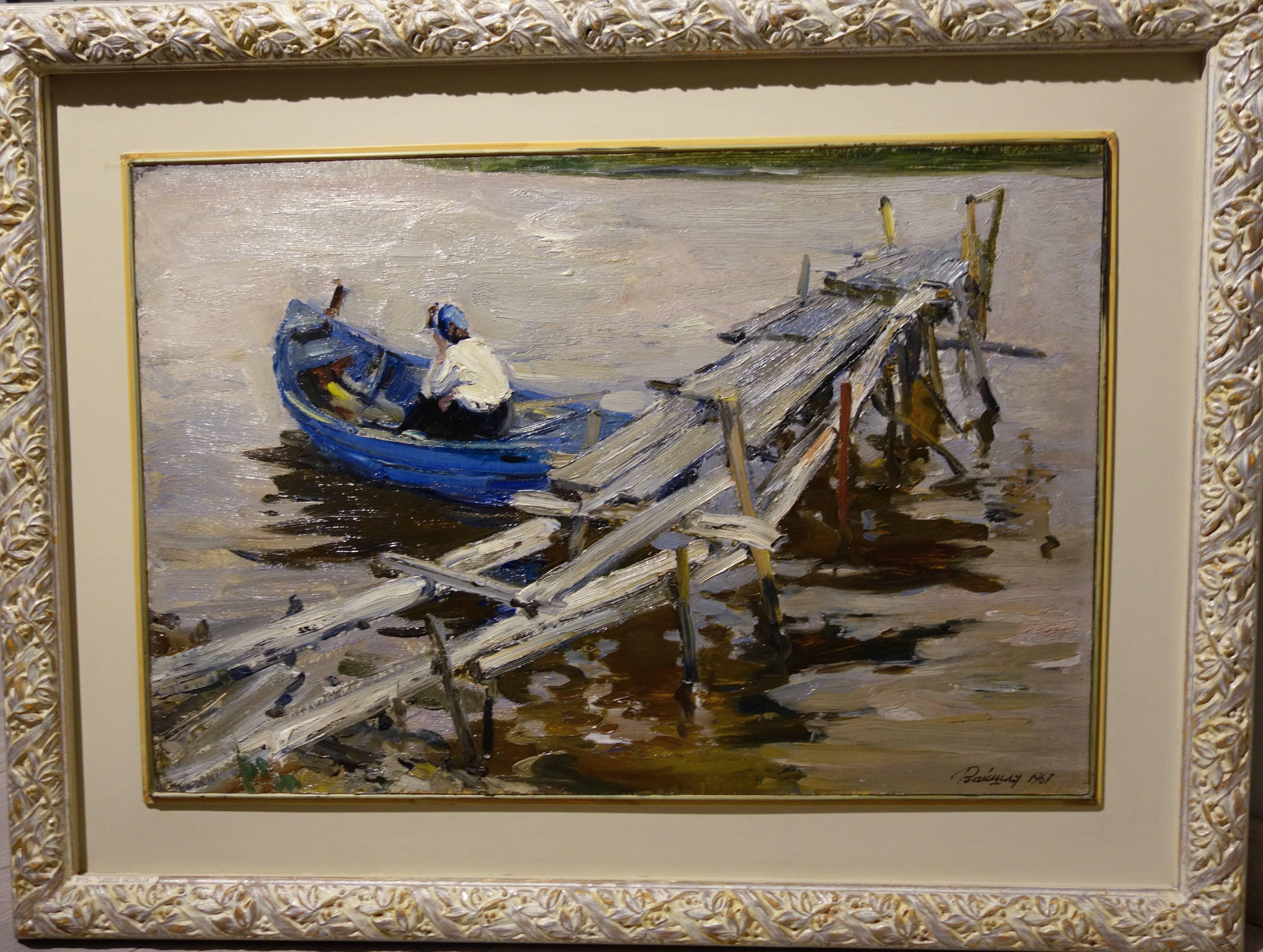 Pier on the lake  Oil on wood   cm. 70 x 47  1967 - Painting by Leonid VAICHILIA