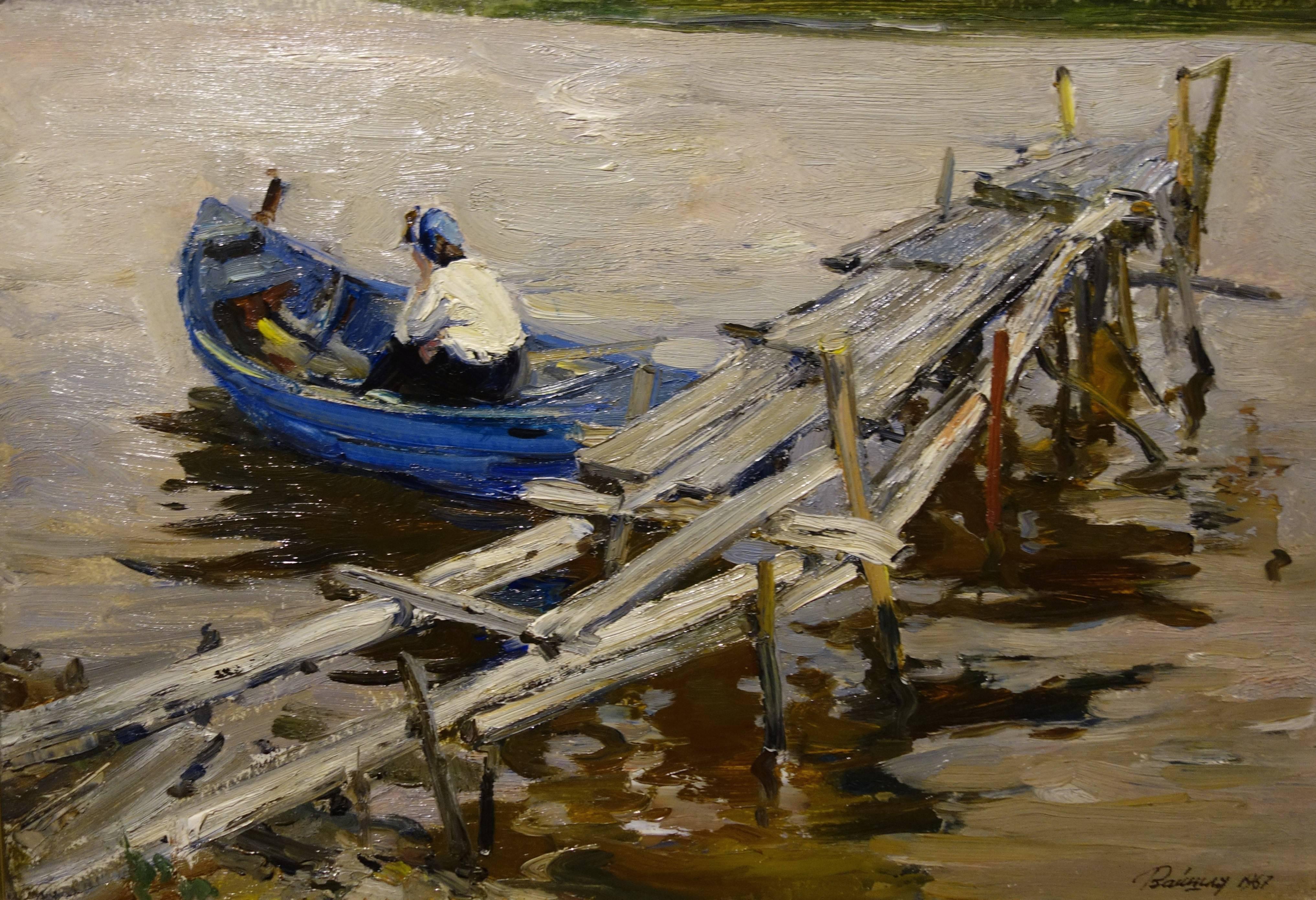 Leonid VAICHILIA Figurative Painting - Pier on the lake  Oil on wood   cm. 70 x 47  1967