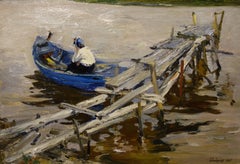 Le pilier sur le lac  peinture à l'huile sur bois   70 cm x 47 cm  1967