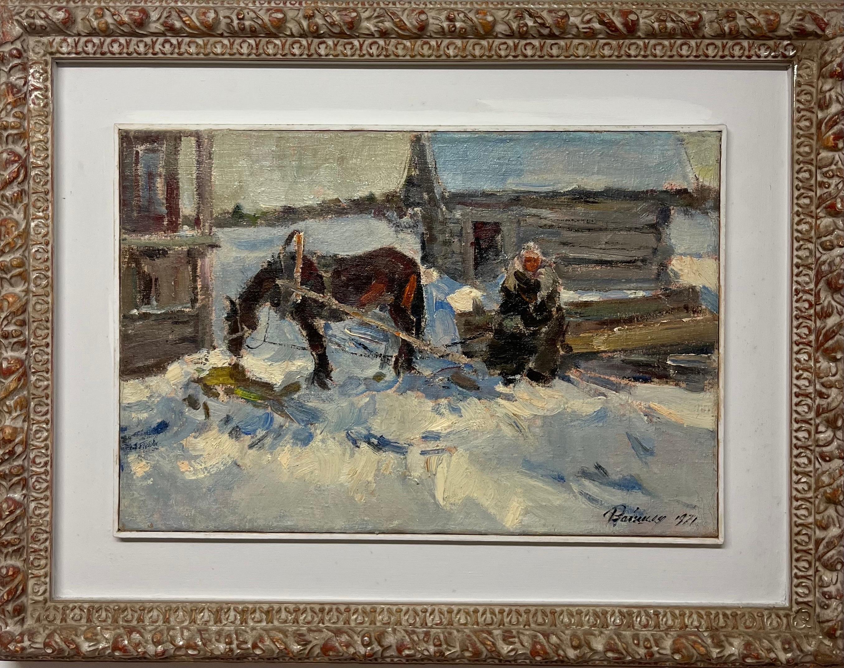 Leonid VAICHILIA Animal Painting – ""Warten"" Schnee, Winter,  Öl   cm. 50 x 33  1971