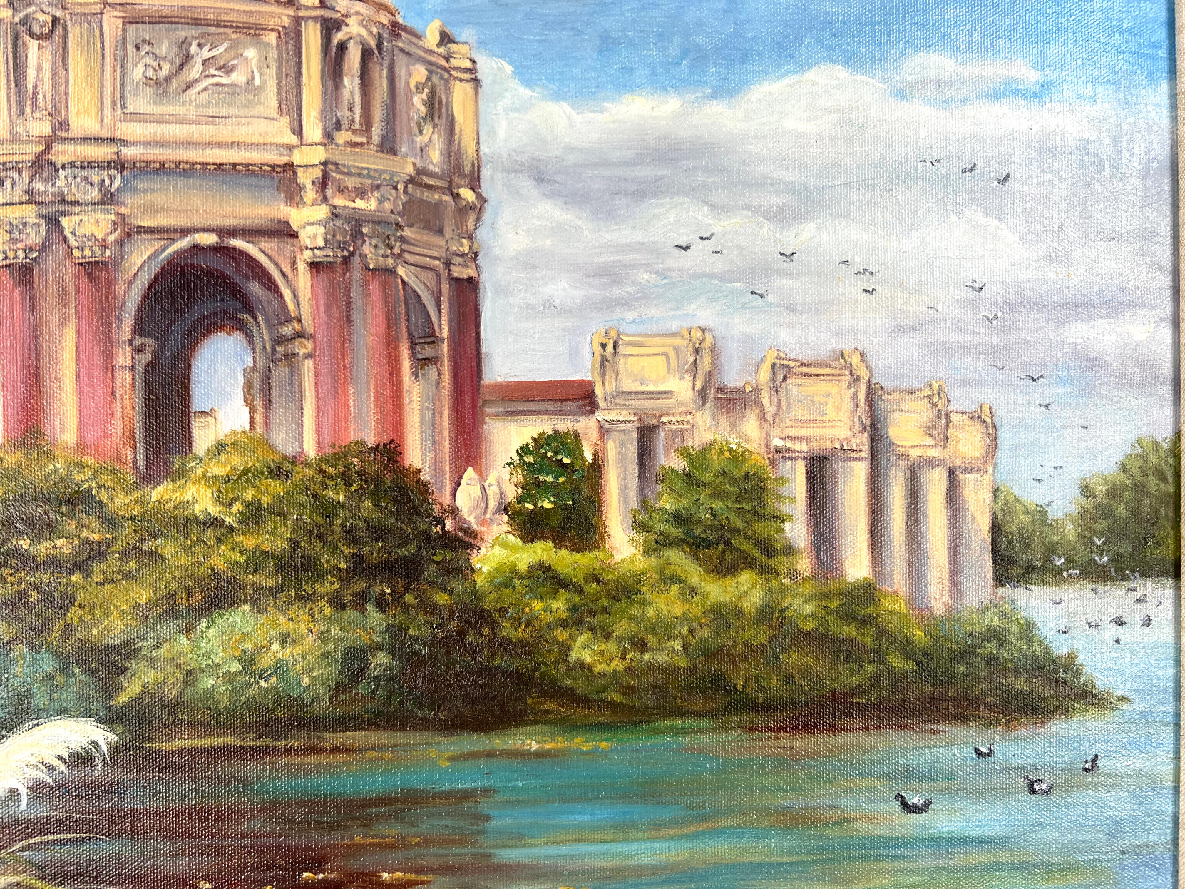 San Francisco Palace of Fine Arts Oil on Canvas
Palace of Fine Arts by San Francisco native Leonida Louise (Bertone) Ivanetich (American, b-1941), migratory birds fly over head an alight in the Marina watershed on a cool San Francisco evening.
