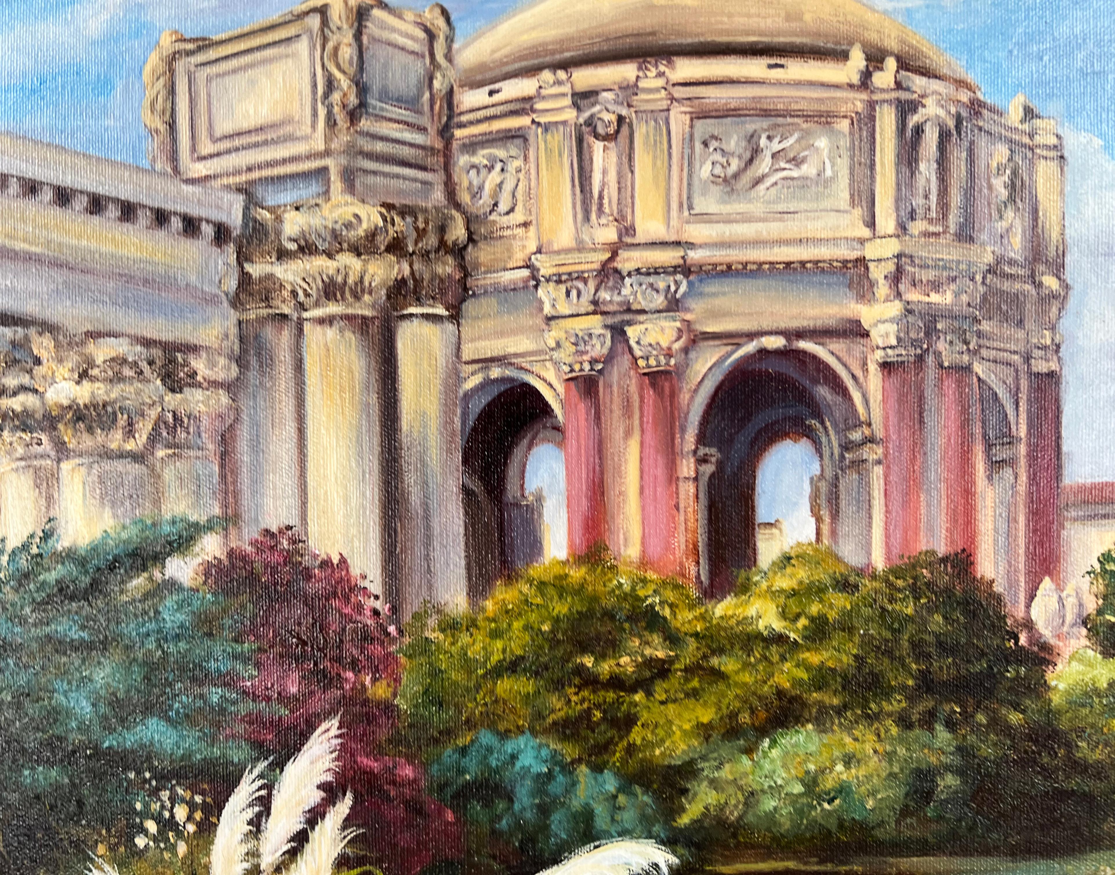 San Francisco Palace of Fine Arts Oil on Canvas
Palace of Fine Arts by San Francisco native Leonida Louise (Bertone) Ivanetich (American, b-1941), migratory birds fly over head an alight in the Marina watershed on a cool San Francisco evening.