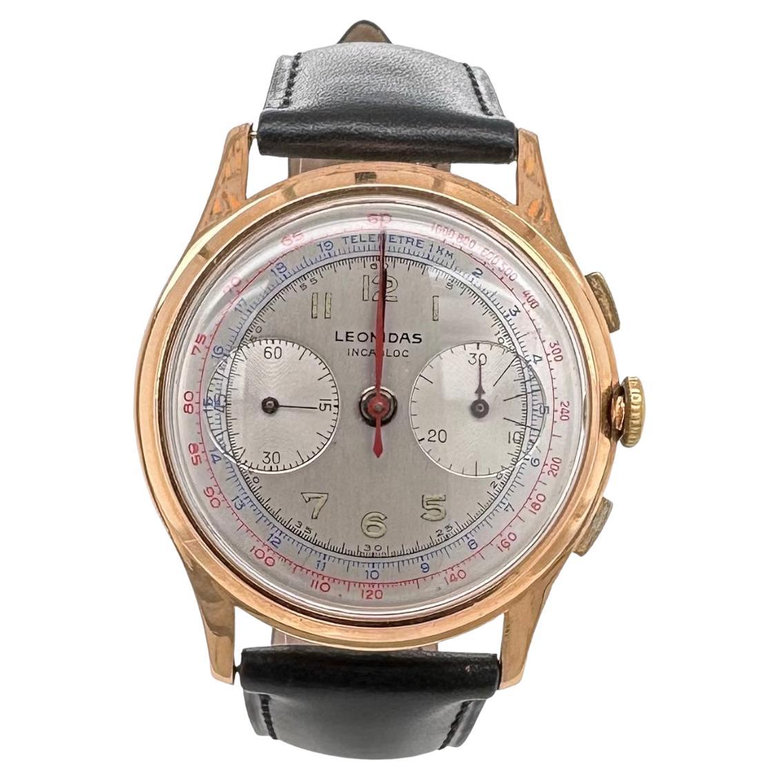 Leonidas Chronograph Wrist Watch 18 Karat Yellow Gold Case For Sale