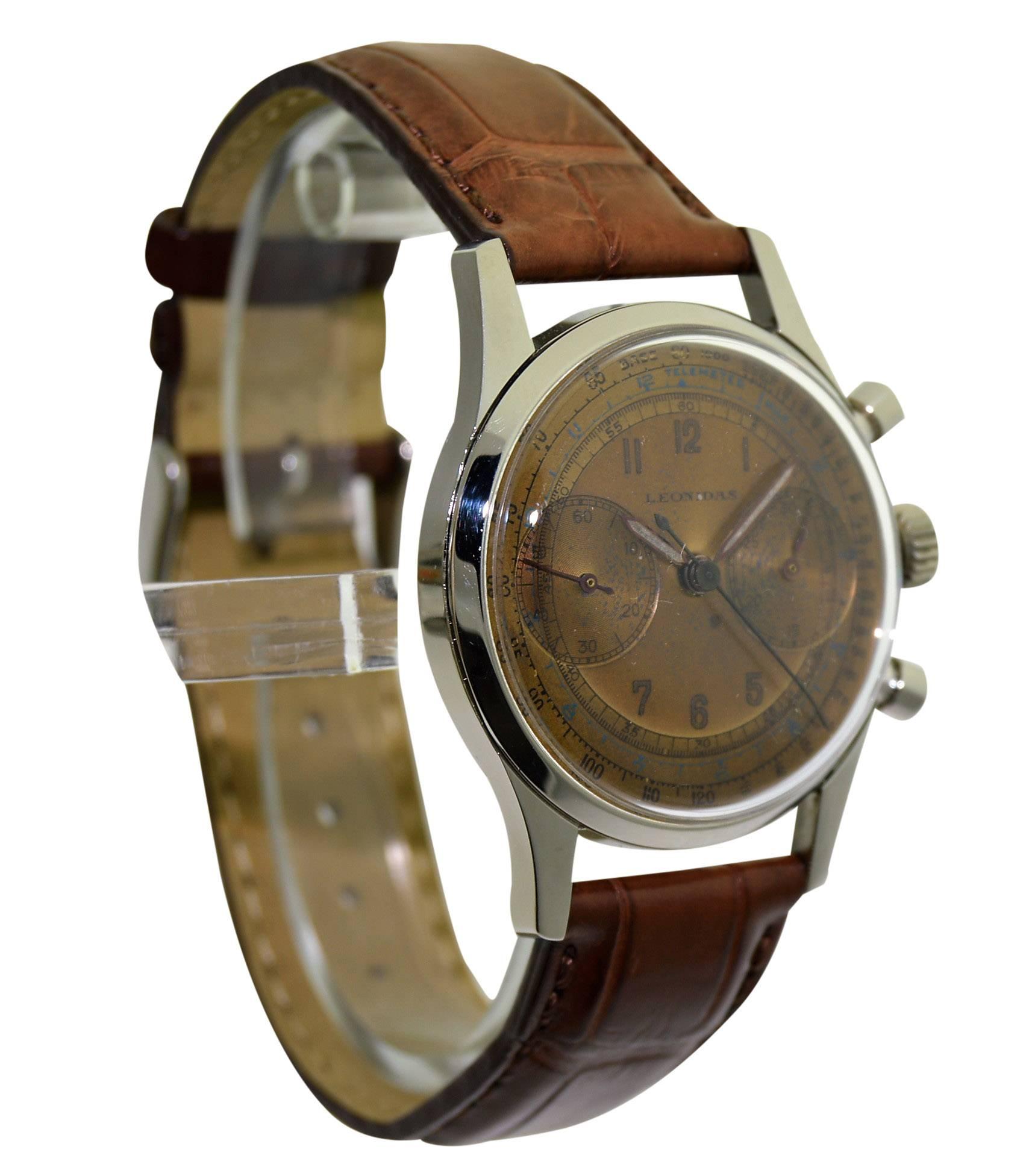Art Deco Leonidas Stainless Steel Chronograph Original Rose Gold Dial Manual Wristwatch