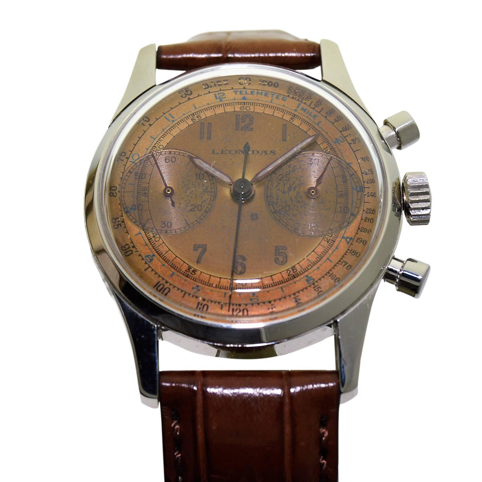 Leonidas Stainless Steel Chronograph Original Rose Gold Dial Manual Wristwatch In Excellent Condition In Long Beach, CA